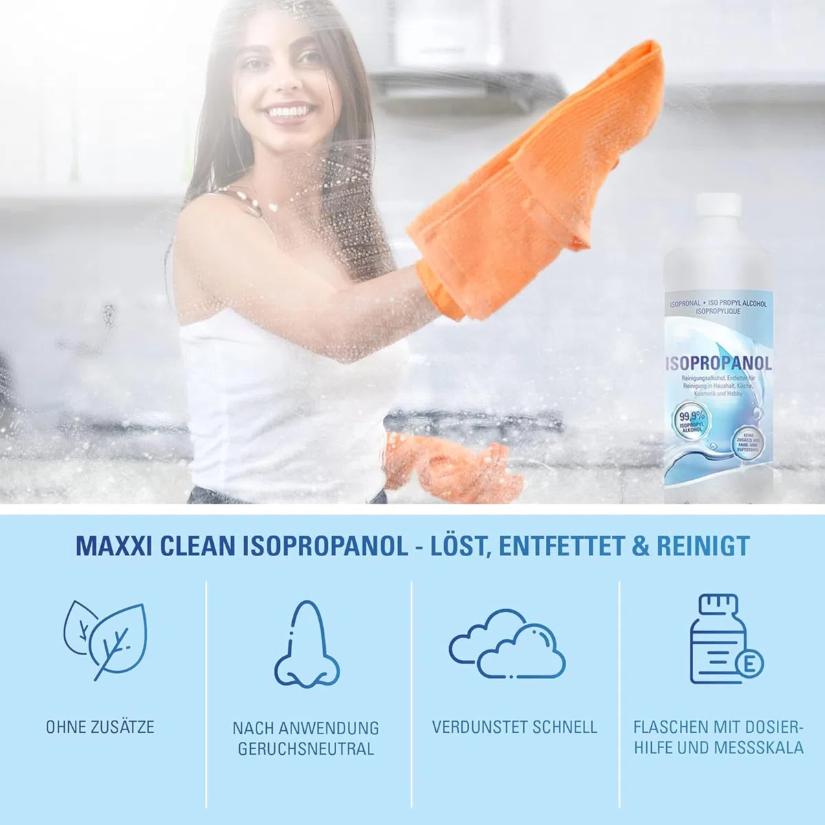 Maxxi Clean | 12x 750 ml reines Isopropanol (99,9%) Reinigungsalkohol | Fettlöser & Lösungsmittel | rückstandsfrei anwendbar zur Reinigung von elekt. Bauteilen, Schallplatten, Druckköpfen und mehr