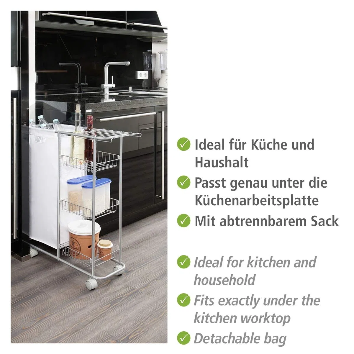 WENKO Sammelwagen Slim, 3 Etagen, extra schmaler Rollwagen mit vier leichtgängigen Rollen, inkl. abtrennbarem Sack für PET-Flaschen oder Wäsche, 28 L, pulverbeschichtetes Metall, 58 x 80 x 20 cm