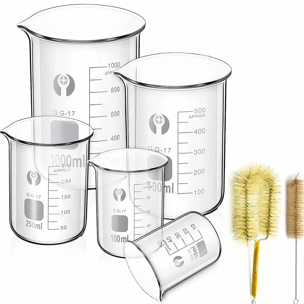 Borosilikatglas Bechergläser Set, JESSTOLO 5 Stück Dickglas Graduierten Becherglas mit Klare Ausguss 1000ml 500ml 250ml 100ml 50ml mit 2 Waschbürste, für Labor Forschung Medizin