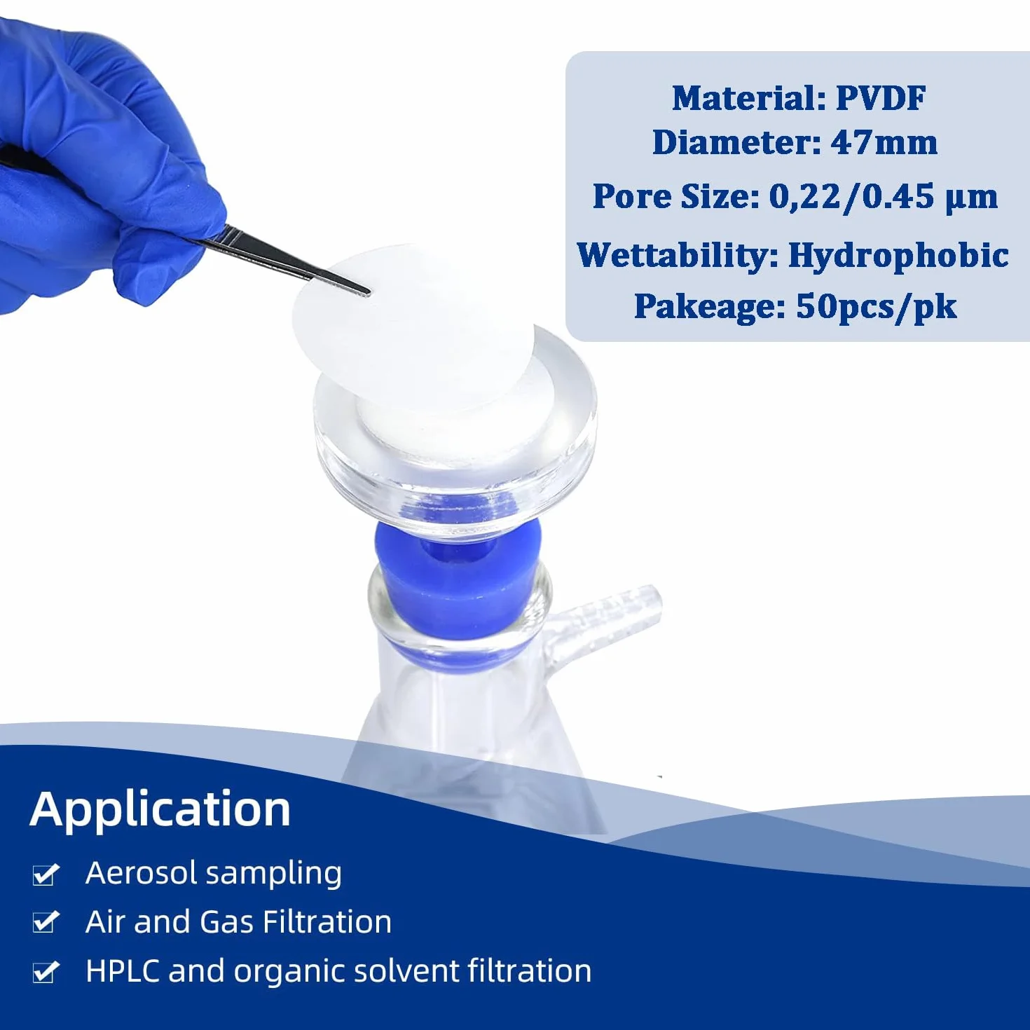 PVDF-Membranfilter Scheibenmembranfilter hydrophob, Durchmesser 47 mm, Porengröße 0,45 µm, Packung mit 50 Stück