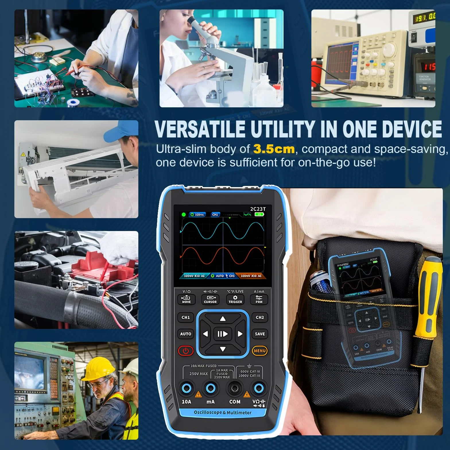 Oszilloskop Multimeter(Deutsch), WapoRich 2 Kanal Handheld Oszi, 3-in-1 Digital oscilloscope mit 10 MHz, 50 MSa/s, TRMS 9999 Counts, 7 Signalwellenformen, 32 KB Speichertiefe, Online-Update
