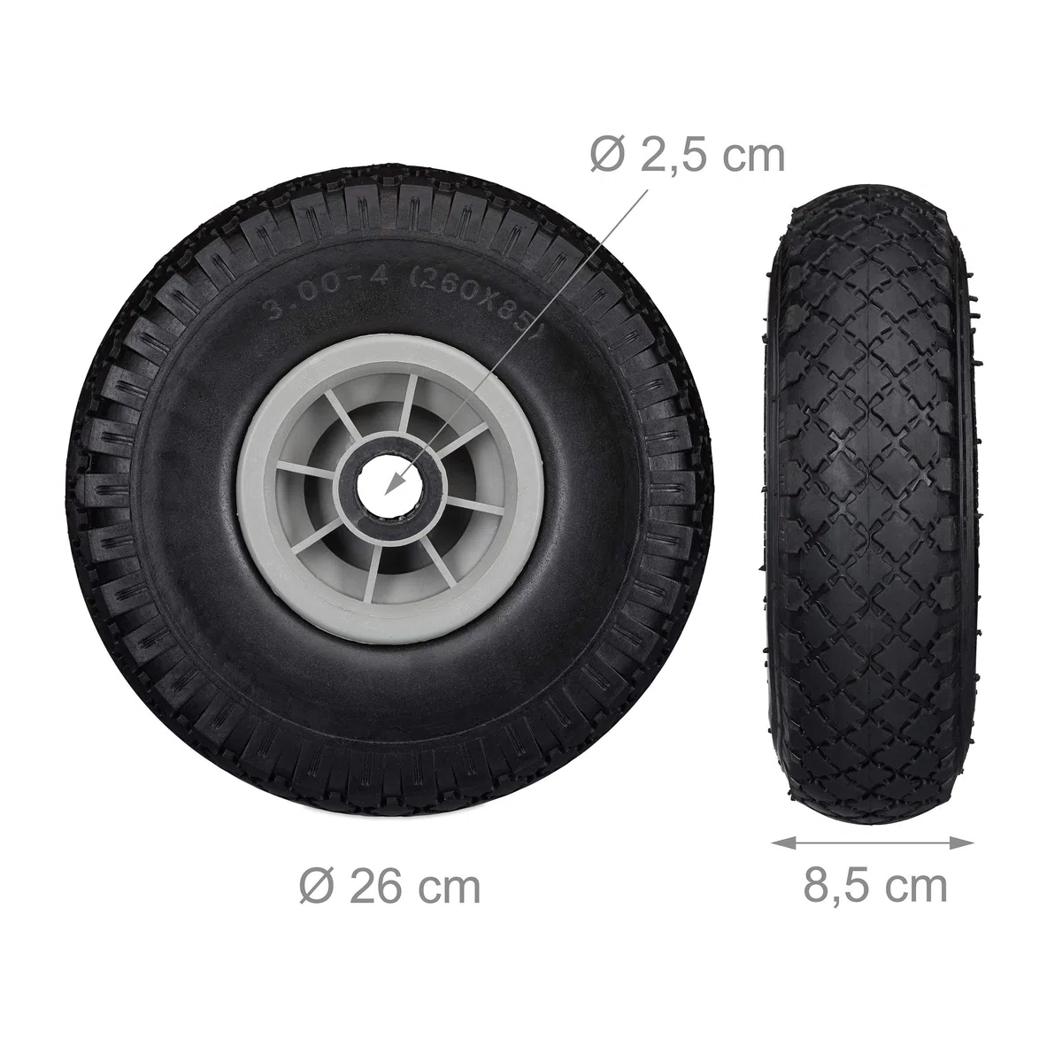 Relaxdays Sackkarrenrad 2er Set, pannensichere 3.00-4" Vollgummireifen, 25 mm Achse, bis 80 kg, 260x85 mm, schwarz-grau