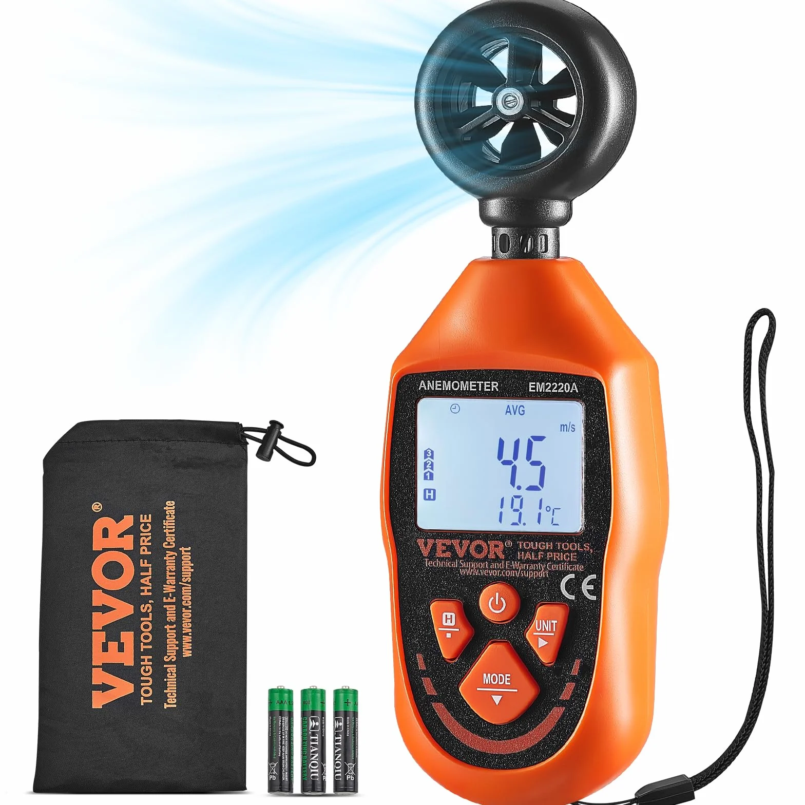 VEVOR Anemometer 69,35MPH Luftgeschwindigkeitsmesser 163x54x32mm Windmesser IP44 Windmessgerät Windstärkemesser MAX/MIN/AVG/CU-Windgeschwindigkeitsdaten -10-45℃ Luftmesser Geschwindigkeitsmessgerät