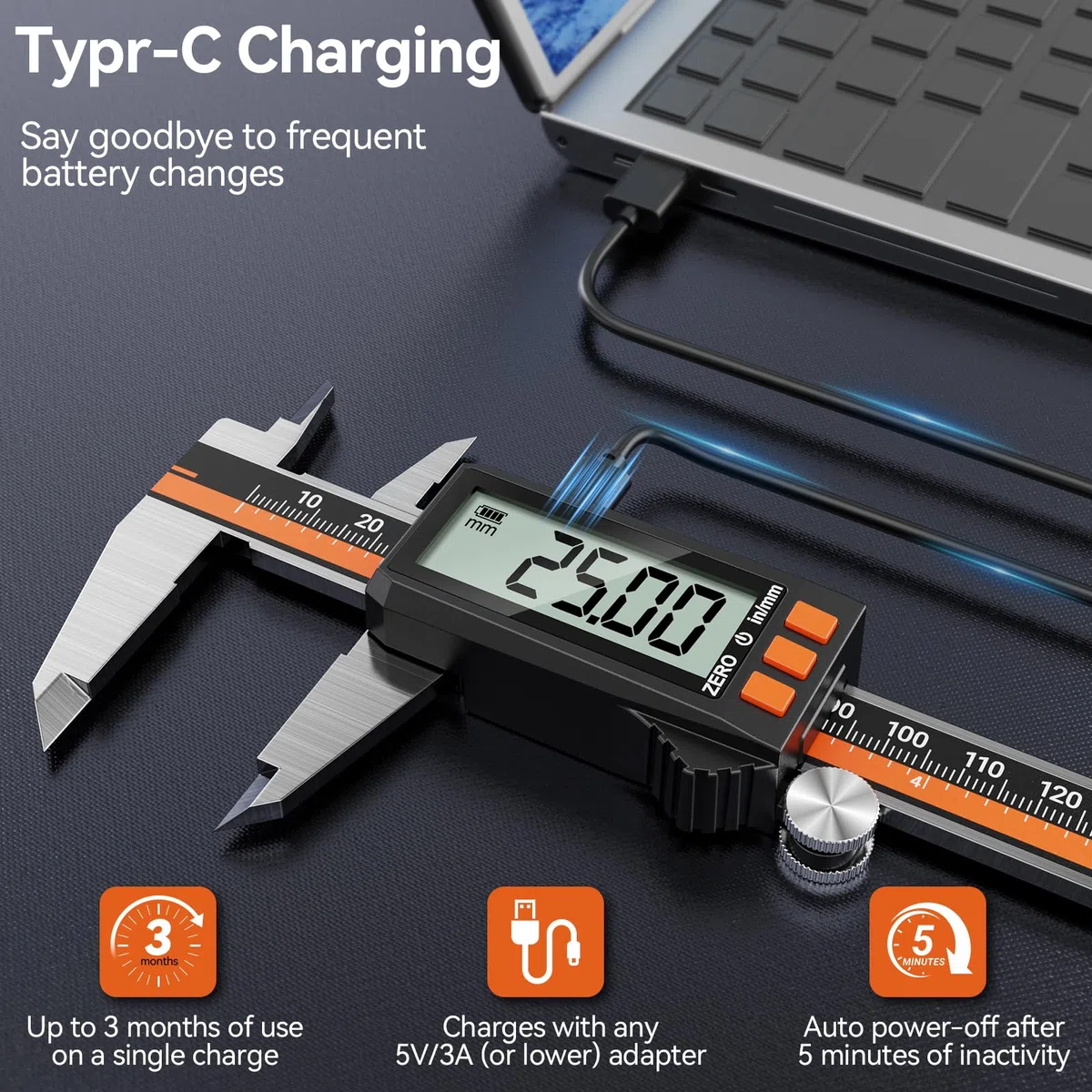 Preciva Digitale Messschieber, Schieblehre 0-150mm/0-6 Zoll Messlehre mit LCD-Anzeige Type-C Aufladbar Messwerkzeuge (Schwarz mit Orange)