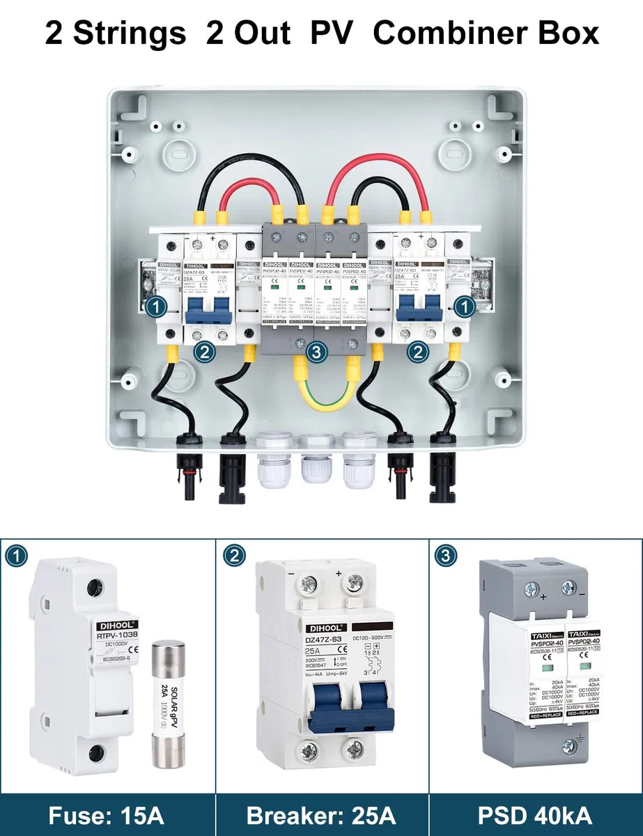 DIHOOL PV-Solar-Kombinierbox für Solarzellen, 2-strängig, 25 A, Anschlussdose, DC500 V, 25 A, 2-in-2-Ausgang