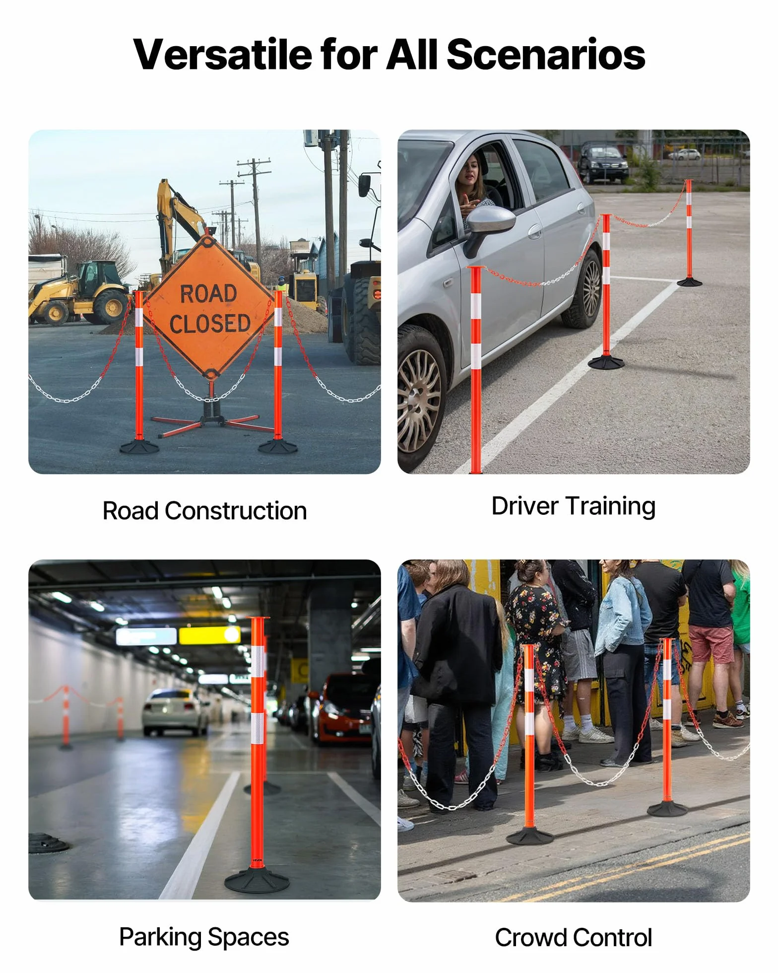 VEVOR Verkehrsleitpfosten Leitpfosten 3-tlg. (871 mm) mit beschwertem Sockel & Reflektorstreifen & Ketten, Warnpfosten für Baustellen, Parkplätze, Absperrpfosten zur Steuerung von Menschenmengen