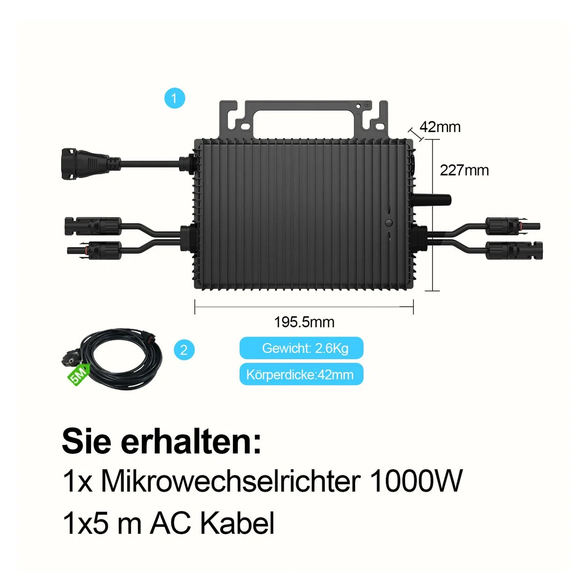 Mikro Wechselrichter 1000w-2MPPT，Wechselrichter für balkonkraftwerk mit WLAN,IP67 wasserdicht，mit 5m AC Kabel für Solar Inverter,App Steuerung,Plug Play