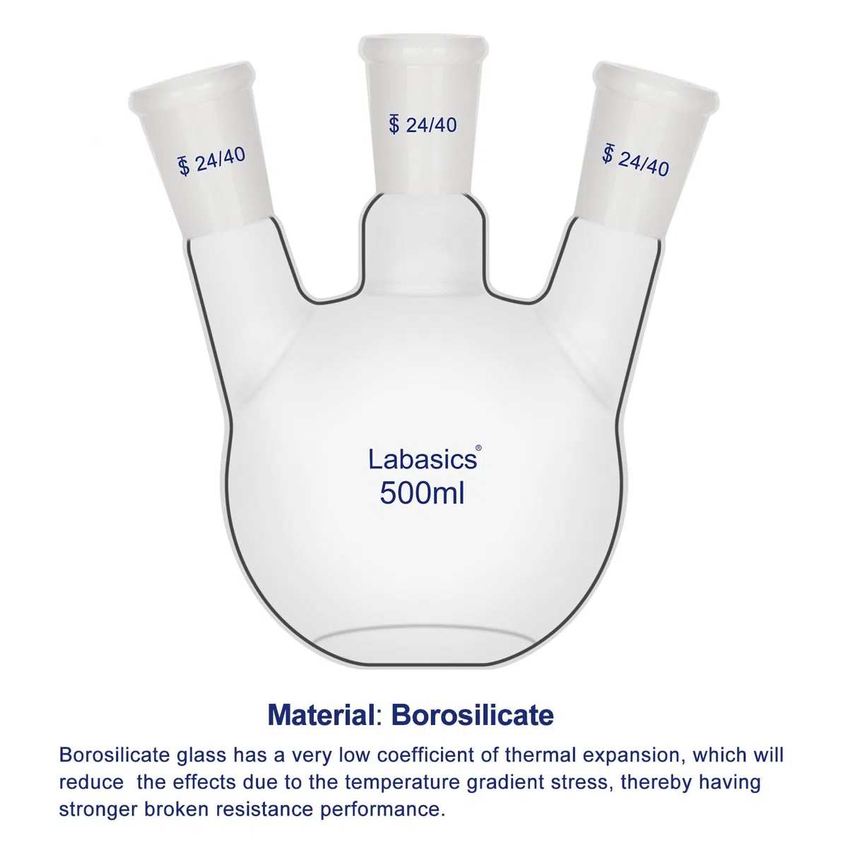 Labasics 3-Hals-Kolben mit Rundboden, Borosilikatglas, 24/40 Schliffe, für Laborexperimente, Destillation und Rückfluss, 500ml