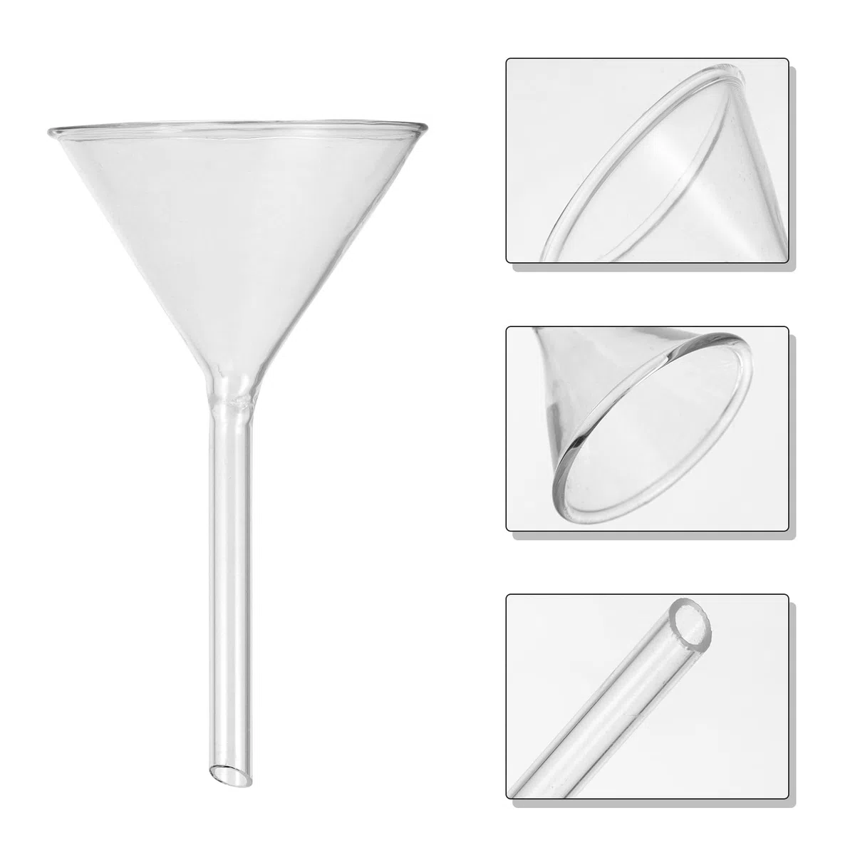 ULTECHNOVO Glastrichter Set 4-teilig aus Borosilikatglas, kurzer Stiel & feuerpolierter Rand für präzises Umfüllen kleiner Flüssigkeitsmengen in Labor, Chemie & Essenzflaschen