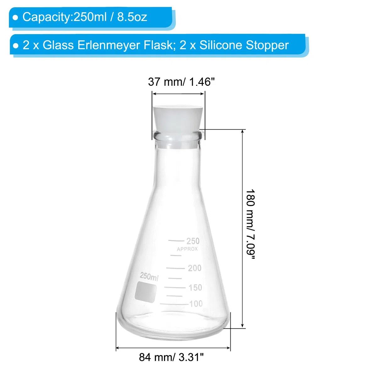 PATIKIL Erlenmeyerkolben 2 Set 250ml 8.5oz Schmalhals Messkolben Mit Silikonstopfen Borosilicatglas Kolben Mit Aufgedruckter Skala Für Laborversuche Chemie Wissenschaft