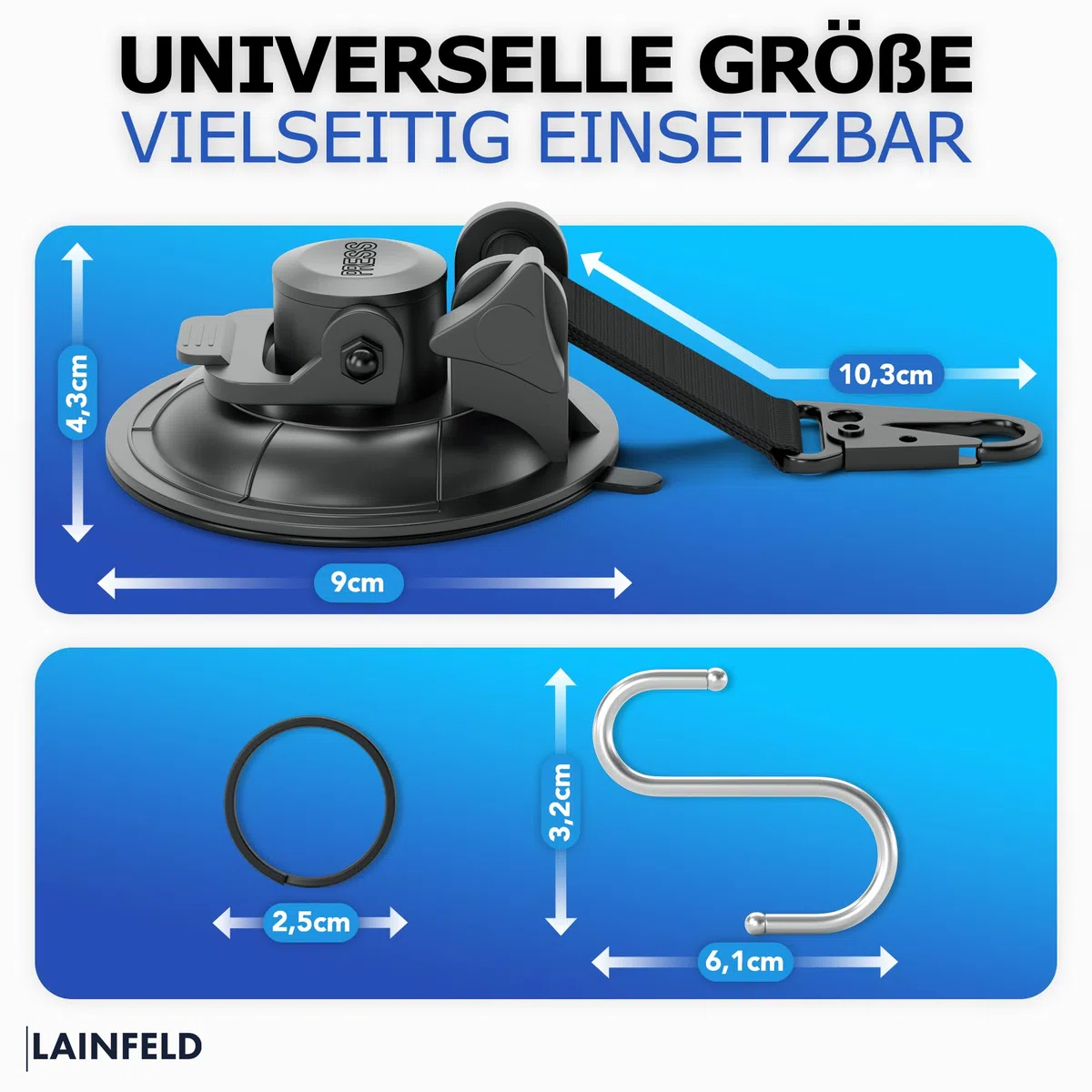 LAINFELD Saugnapf Haken | 4er Set mit Karabinerverschluss und großen Haken | Extra stark | Große Saugnäpfe für Camping, Auto, Balkon | Saughaken