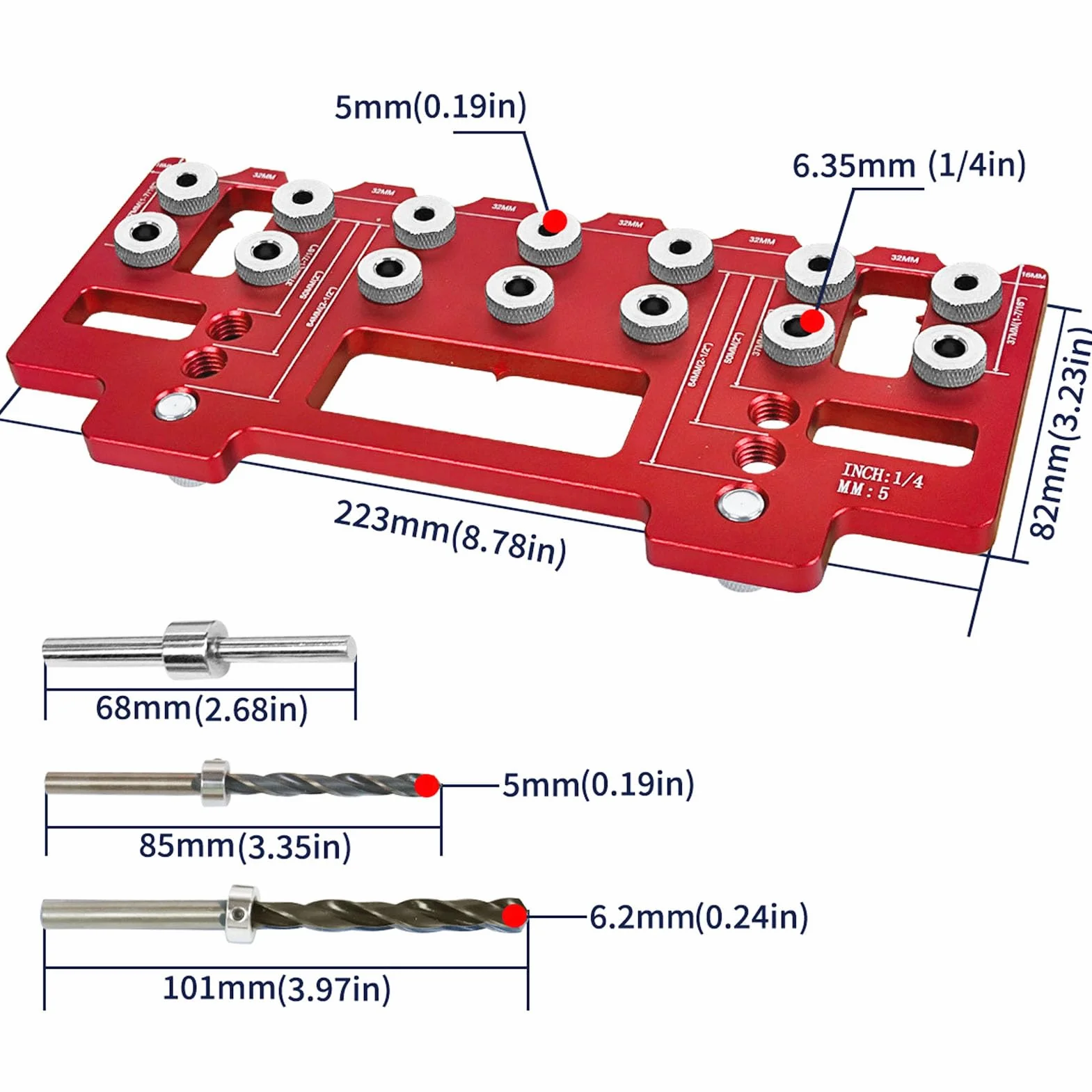Rengue Verdeckte Schrankscharnierlehre, 32 Mm Abstand Aluminium-Schranktürscharniergriff-Lochbohrlehre mit 5 Mm/1/4 Zoll Bohrhülsen für Holzbearbeitungswerkzeuge