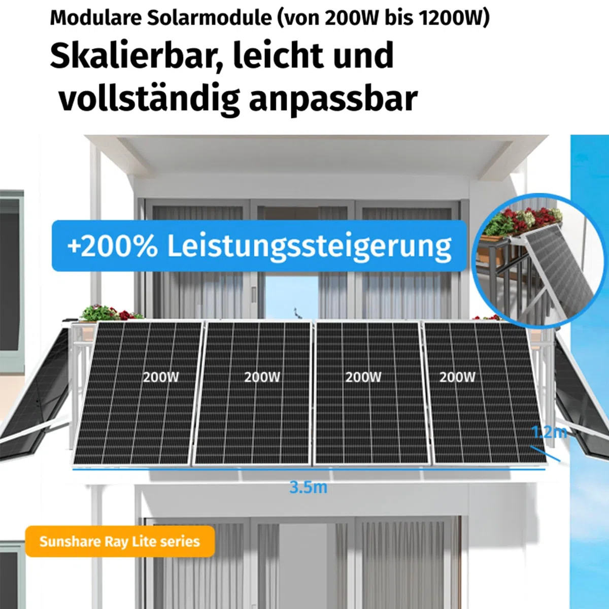 Ray Lite 800W Balkonkraftwerk mit Halterung – Leichtes, vormontiertes Komplettset mit 800W Mikro-Wechselrichter & Solarpanel – Geeignet für verschiedene Balkone – Plug & Play