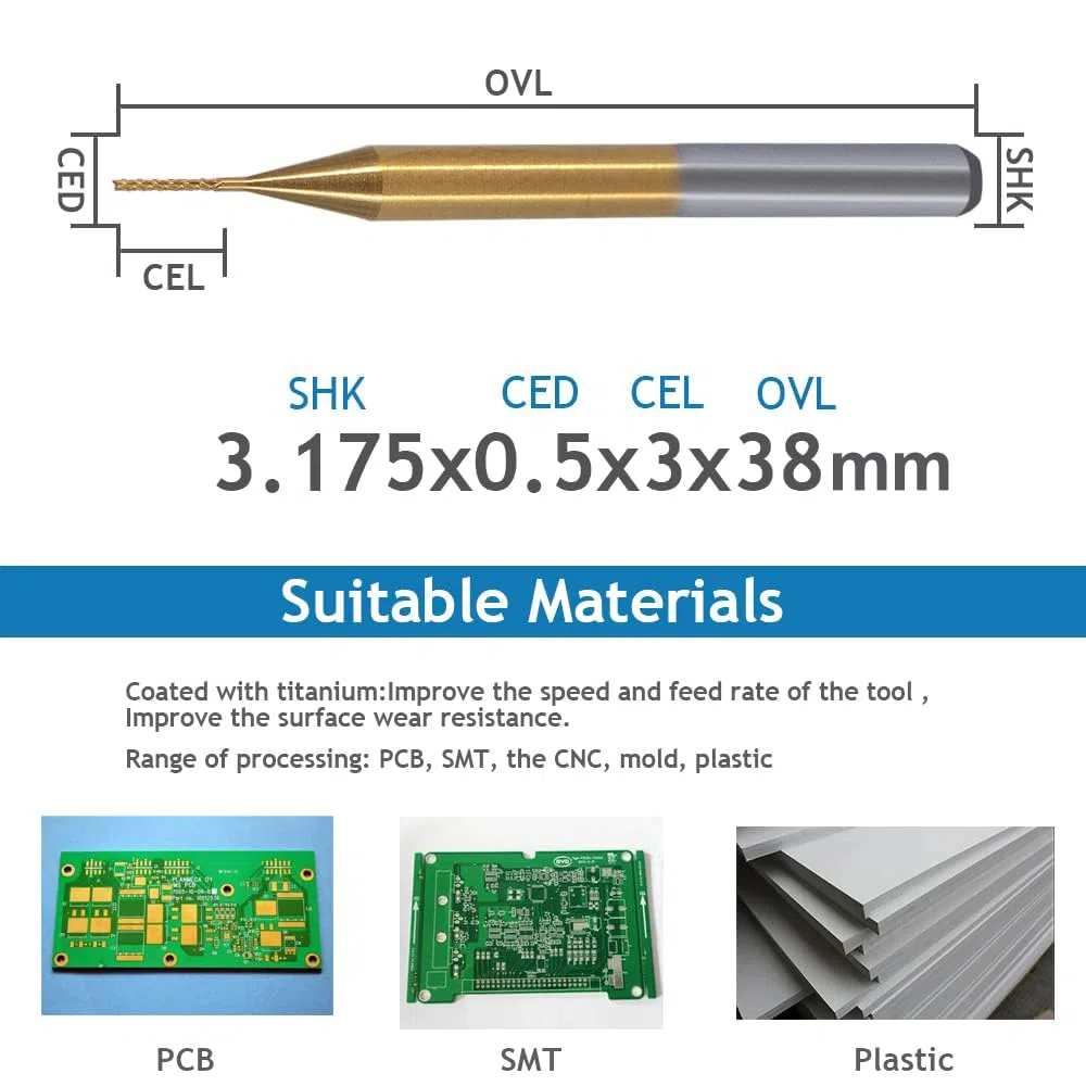 EU_HOZLY Titanium Coat Carbide 3.175mmX0.5mmX3mm Endmühle Gravur Bits CNC Rotary Burrs Packung von 10