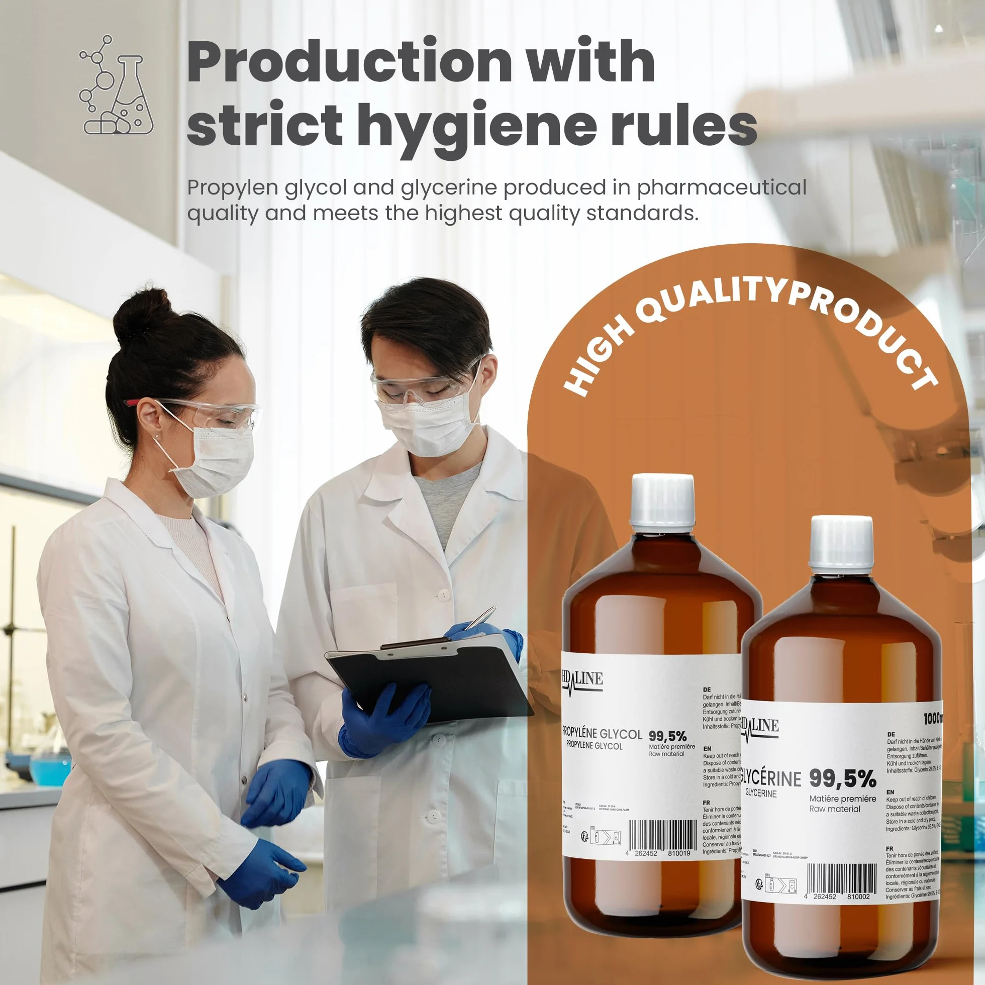 hd-line 1000 ml Glycerin E422 + 1000 ml Propylenglykol E1520, Perfekt für DIY, Pharmaqualität Reinheit, Lebensmittelqualität, Raw Material VG + PG, Rein, Vegan, Ph. Eur/USP