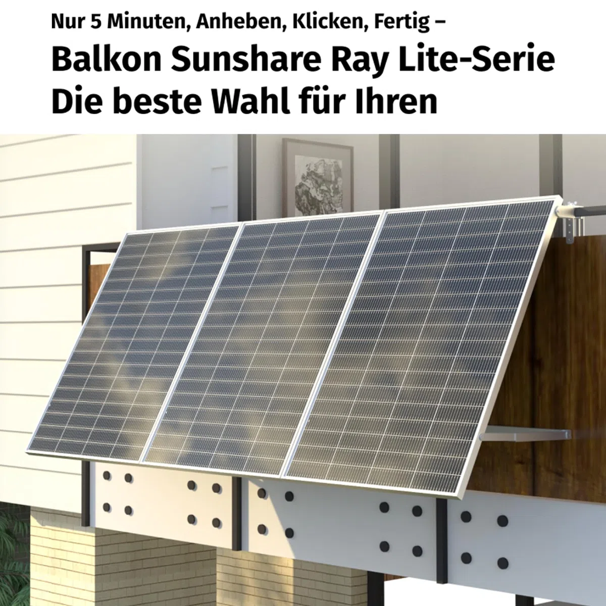 Ray Lite 800W Balkonkraftwerk mit Halterung – Leichtes, vormontiertes Komplettset mit 800W Mikro-Wechselrichter & Solarpanel – Geeignet für verschiedene Balkone – Plug & Play