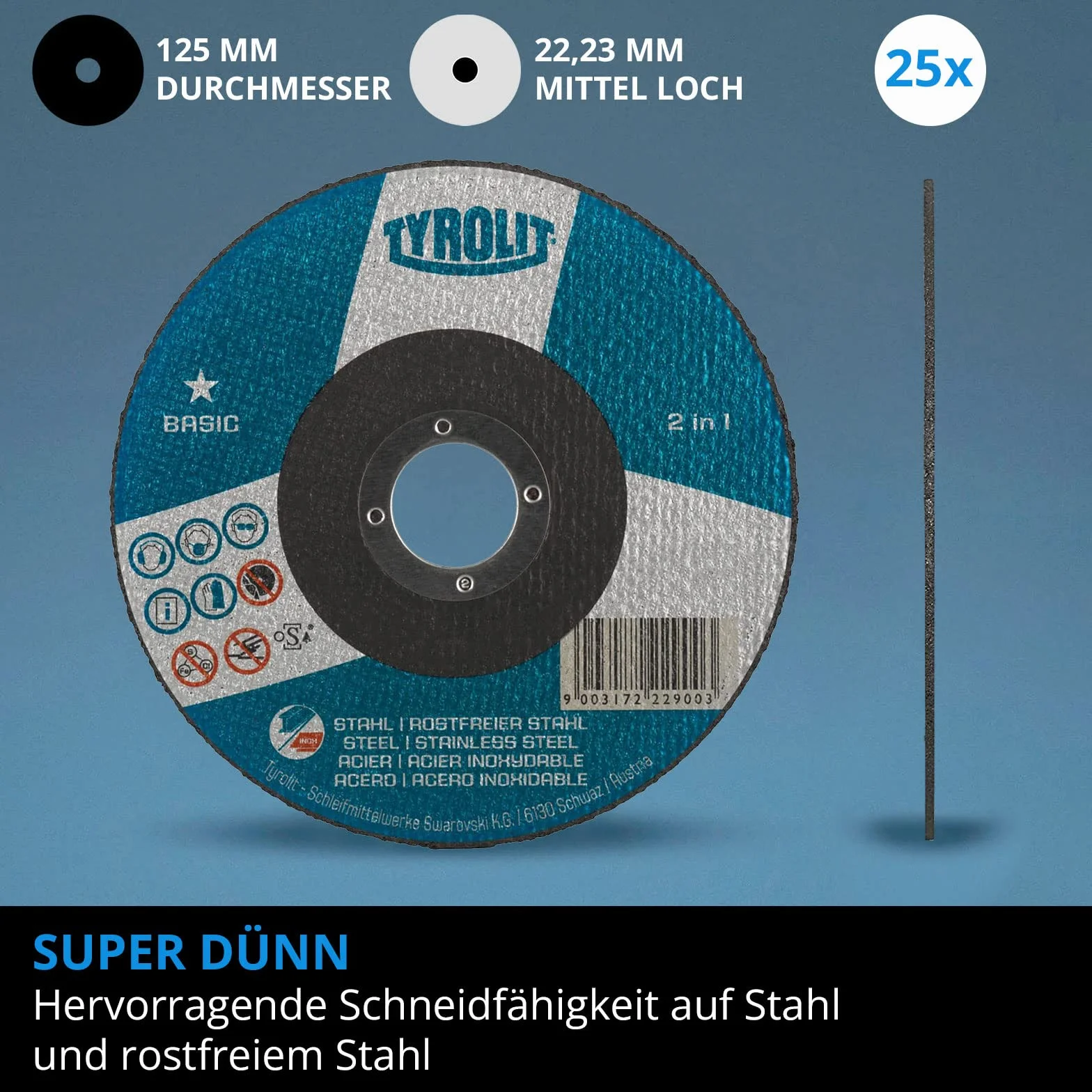 Tyrolit 25x Basic Trennscheiben 125 mm x 1mm x 22,23 mm A60Q | Trennscheiben für Metall, Stahl & Edelstahl I Extradünn für schnelles & gratarmes Trennen von Blechen oder Rohren | hohe Standzeit