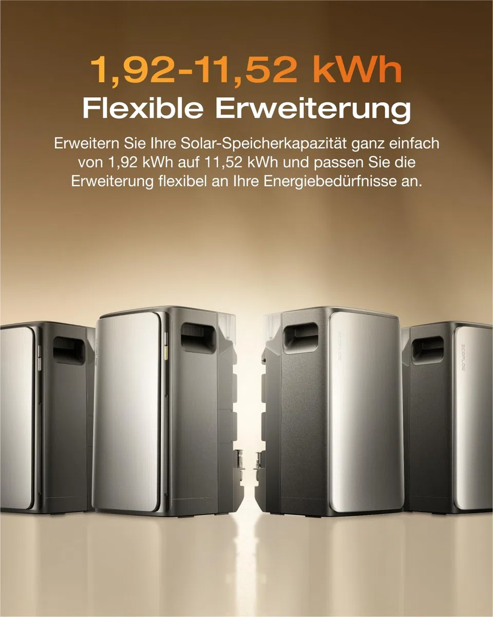 ECOFLOW Stream Max 1,92kWh 0% VAT, Balkonkraftwerk mit Speicher, 2 MPPT 1800W Solareingang, 1200W bidirektional, Single AC-Anschlüsse, bis zu 11,52kWh Kapazität, 6000 Zyklen, Plug&Play