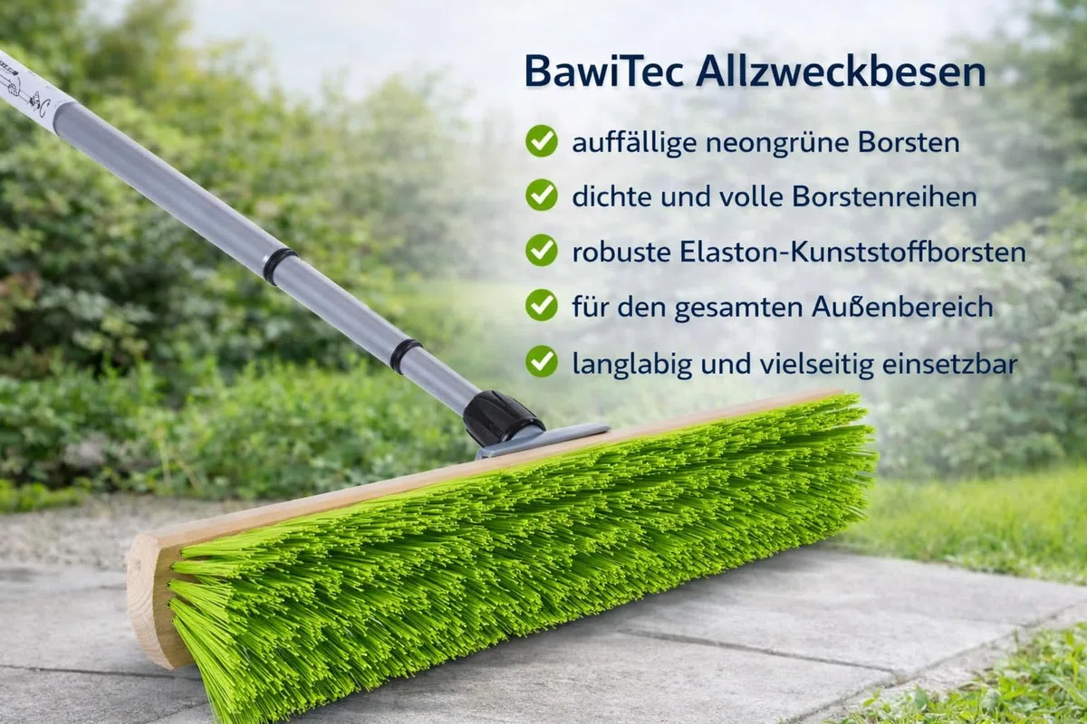 Profi Gartenbesen Besen 40cm mit Teleskopstiel Stiel neon-grüne Borsten | Formstabile und Robuste Elaston-Borsten, Neon-Grün, Straßenbesen für Garten, Haus und Hof