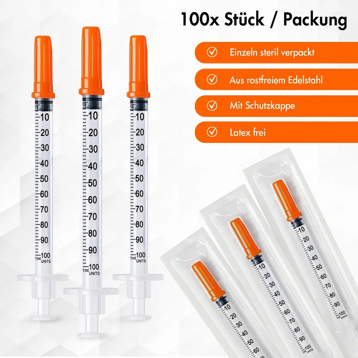 100 Stück 1ml U100 Plastiktube 27Gx1/2 (0,4 x 12,7mm) Mehrzweck-Messwerkzeuge, Einzeln verpackt
