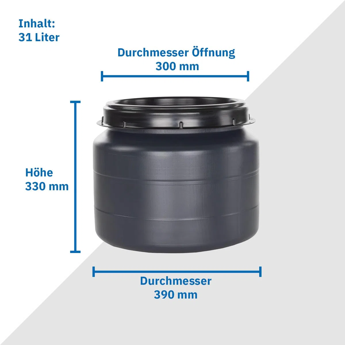 DIE BOX FABRIK Futtertonne schwarz 31 Liter mit Schaufel | Lebensmittelechtes Weithalsfass mit Schraubdeckel | Luftdicht & wasserdicht | Maischefass (31 Liter)