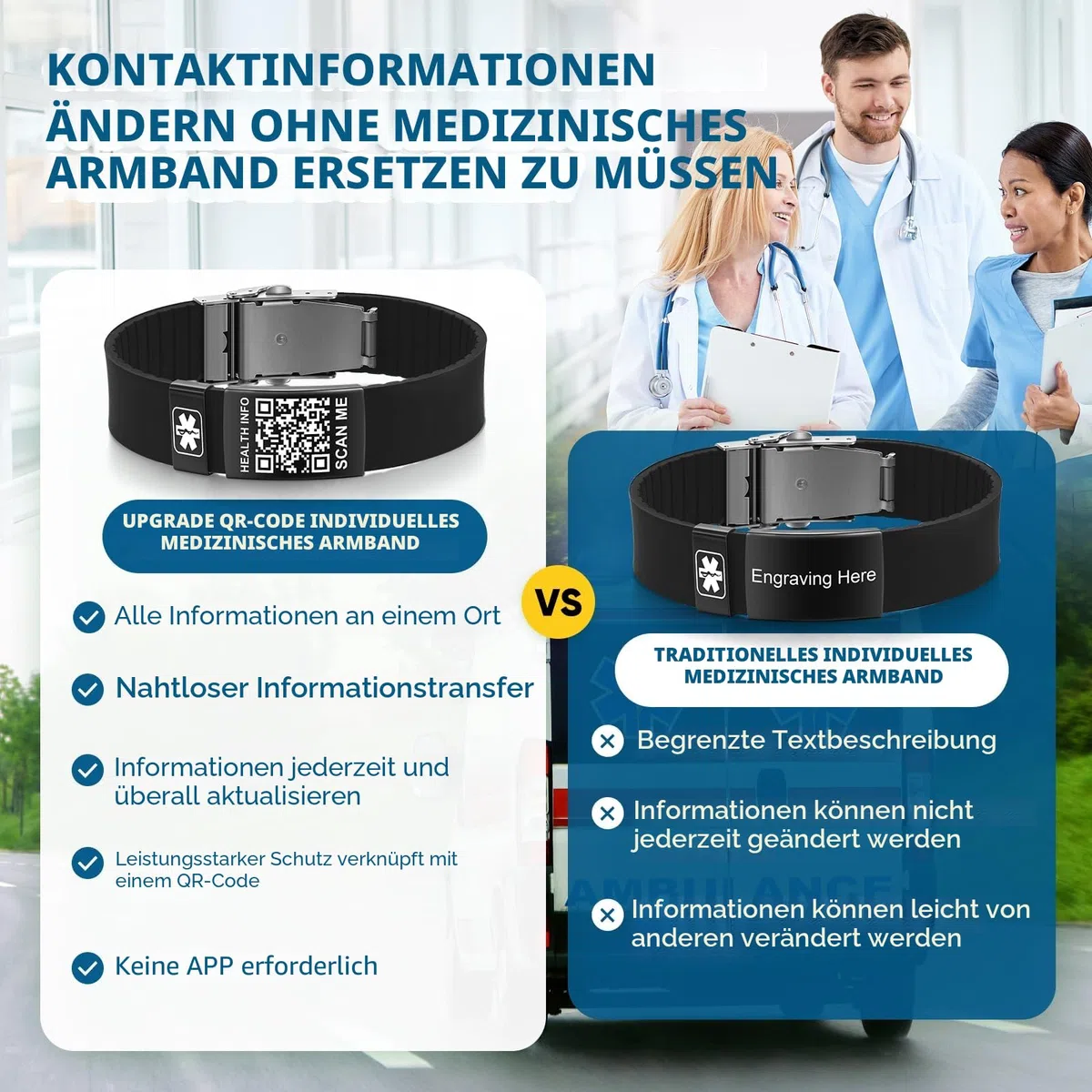 Medizinisches Armband mit QR-Code-Notfall-ID, aus Silikon, wasserdicht, passt bis 22,9 cm Handgelenk, Notfallinfo, mehr Platz, für Sport, Jungen/Mädchen/Damen/Herren