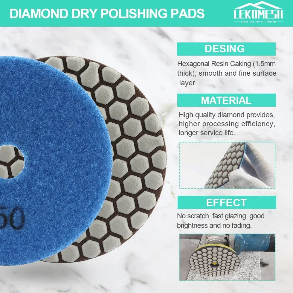 Diamant Polierscheibe LEKOMESH - 8pcs 100MM (#50 * 3/100 * 2/200/400/800) mit Haken & Loop Backing Halter Disc,Trockenpolierpad-Set für Granit, Marmor, Kunststein, Quarz