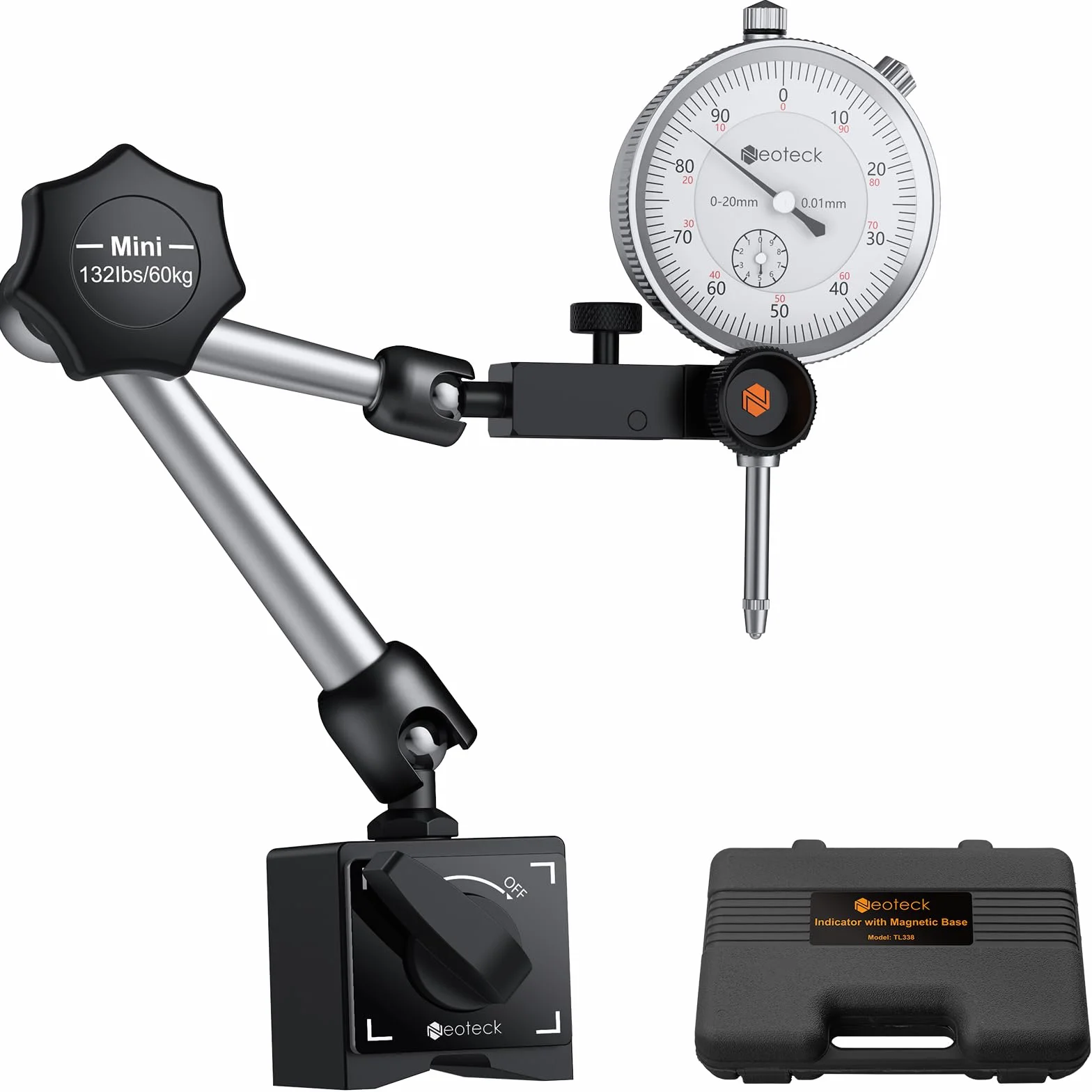 Neoteck Messuhr und Magnetstativ, Messtaster 0-20mm, Zentralklemmung Messuhrhalte 60 kg max. Zugkraft Basis Ständer für Messuhr