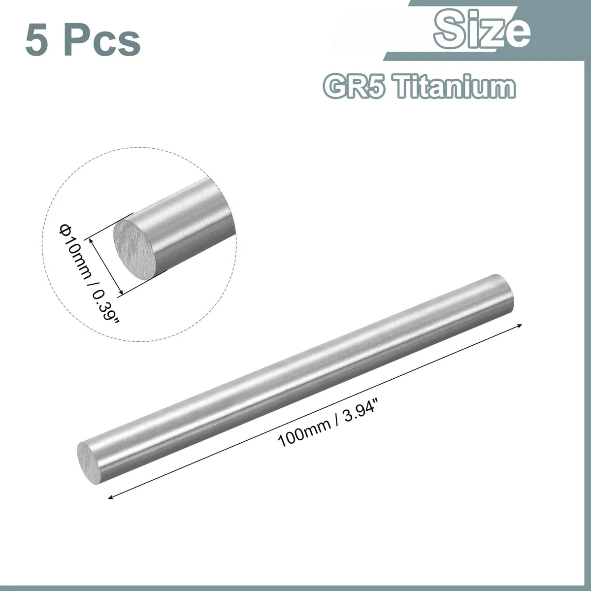 QUARKZMAN 5 Stück GR5 Titaniumstange Durchmesser 10mm 0.39" Länge 100mm 3.94" Metall Massiv TC4 Titaniumlegierung Rundstab Stange Für Modellflugzeug Autos Schiff Basteln Metallbearbeitung