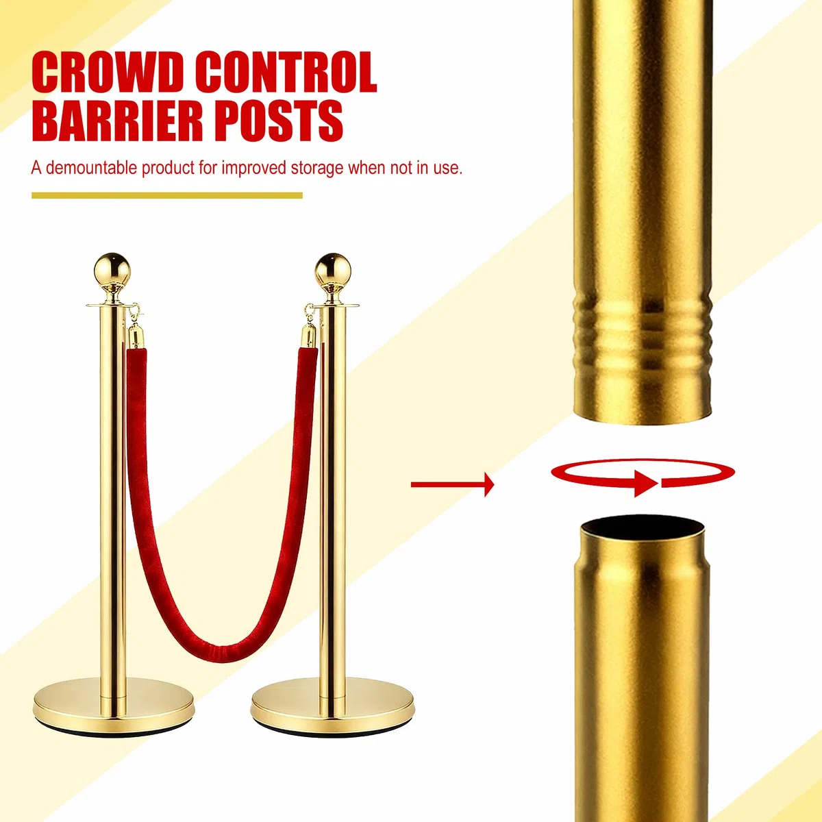 Modulare Barriere Premium Absperrstab mit Seil - Gold Robuster Crowd Control Bandstab für Warteschlangen, Events & Ladenmanagement, Set mit 5 ft/1.5 m rotem Samt Seil (6)
