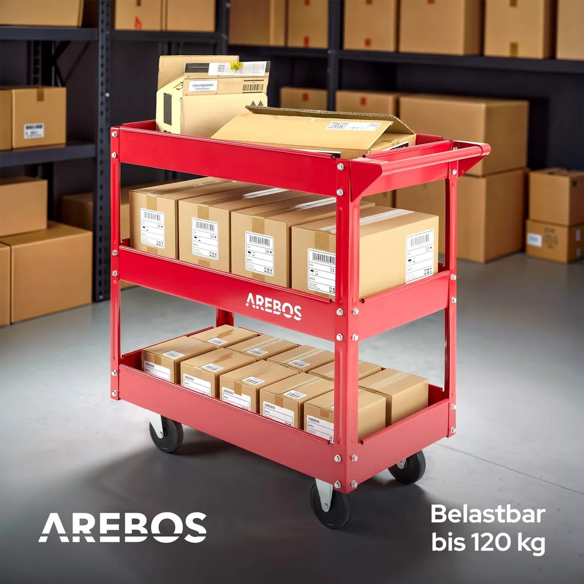 Arebos Werkstatt-Rollwagen | Montagewagen mit 3 Ablagefächern | bis 120 kg belastbar | robuster Werkzeugwagen aus Stahl | Mobile Transporthilfe mit 2 Lenkrollen | für Werkstatt, Garage & Hobbyraum