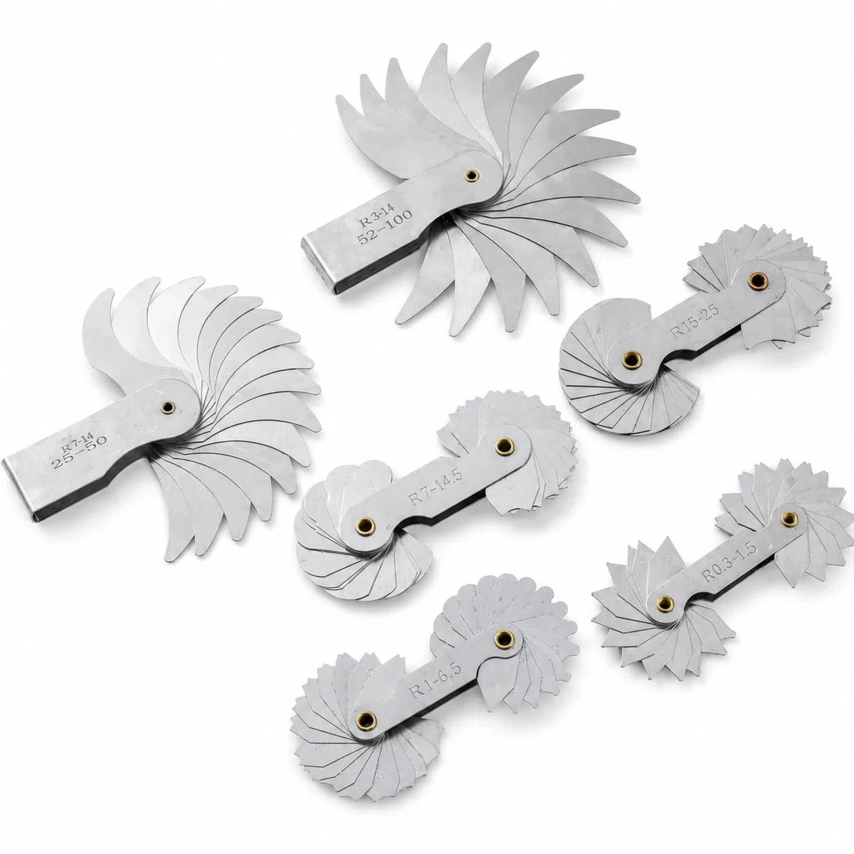 KATSU Radienlehre 6 Stück R0.3-1.5 / R1-6.5 / R7-14.5 / R15-25 / R25-50 / R52-100 Metall Radius Filetlehre Lehr Tragbares konkaves konvexes Messwerkzeug Ingenieure