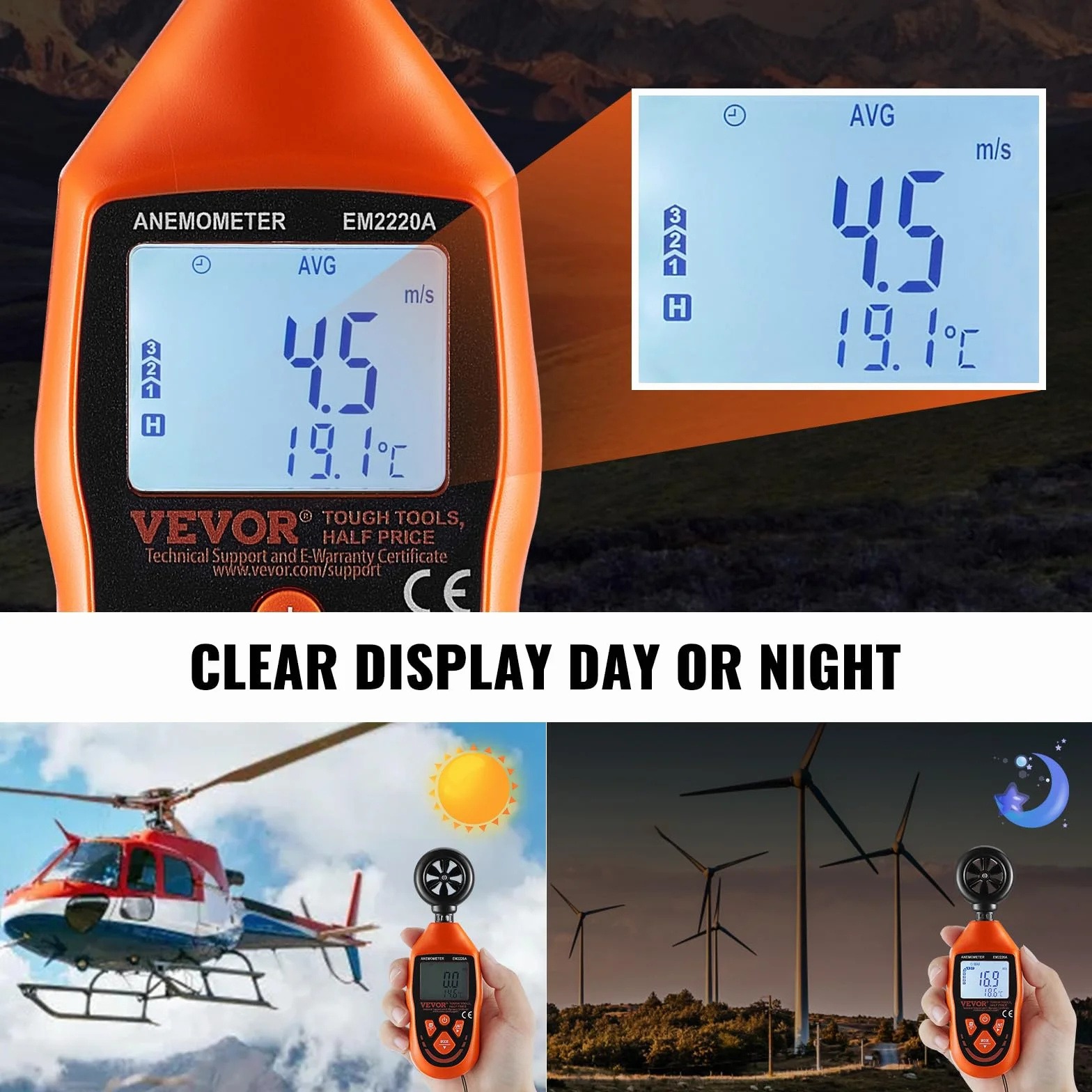 VEVOR Anemometer 69,35MPH Luftgeschwindigkeitsmesser 163x54x32mm Windmesser IP44 Windmessgerät Windstärkemesser MAX/MIN/AVG/CU-Windgeschwindigkeitsdaten -10-45℃ Luftmesser Geschwindigkeitsmessgerät