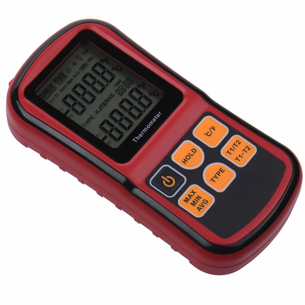 RGBS Dual Channel Digitales Thermometer mit zwei K-Typ Thermoelemente Temperatur Messgerät mit LCD Hintergrundbeleuchtung für K/J/T/E/R/S/N Thermoelement, für Industrie, Landwirtschaft, Meteorologie