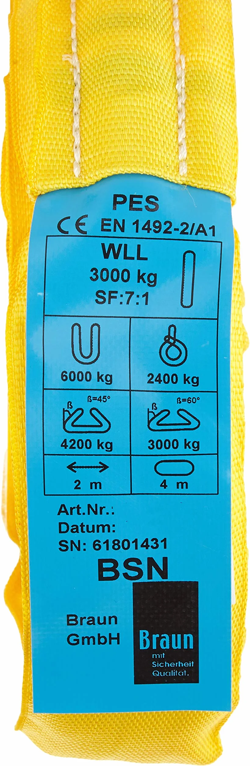 Braun 30041RS Rundschlinge 3000 kg Tragkraft, 4 m Umfang, endlos mit Polyesterkern, gelb