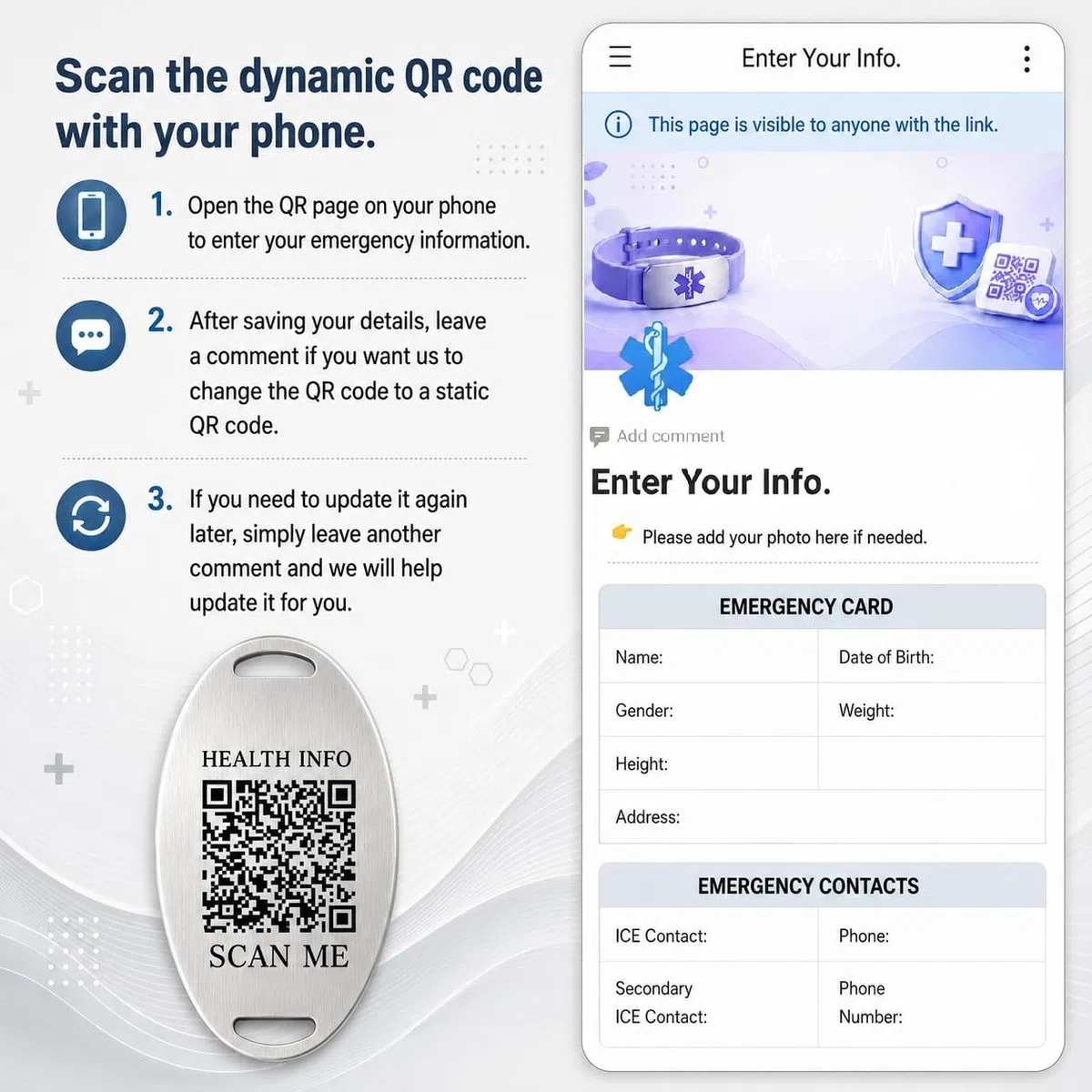 Armband mit QR-Code – Graviertes medizinisches ID-Band – Verstellbares, handgefertigtes Seilarmband für Diabetes, Herzerkrankungen, Allergien – YA5657