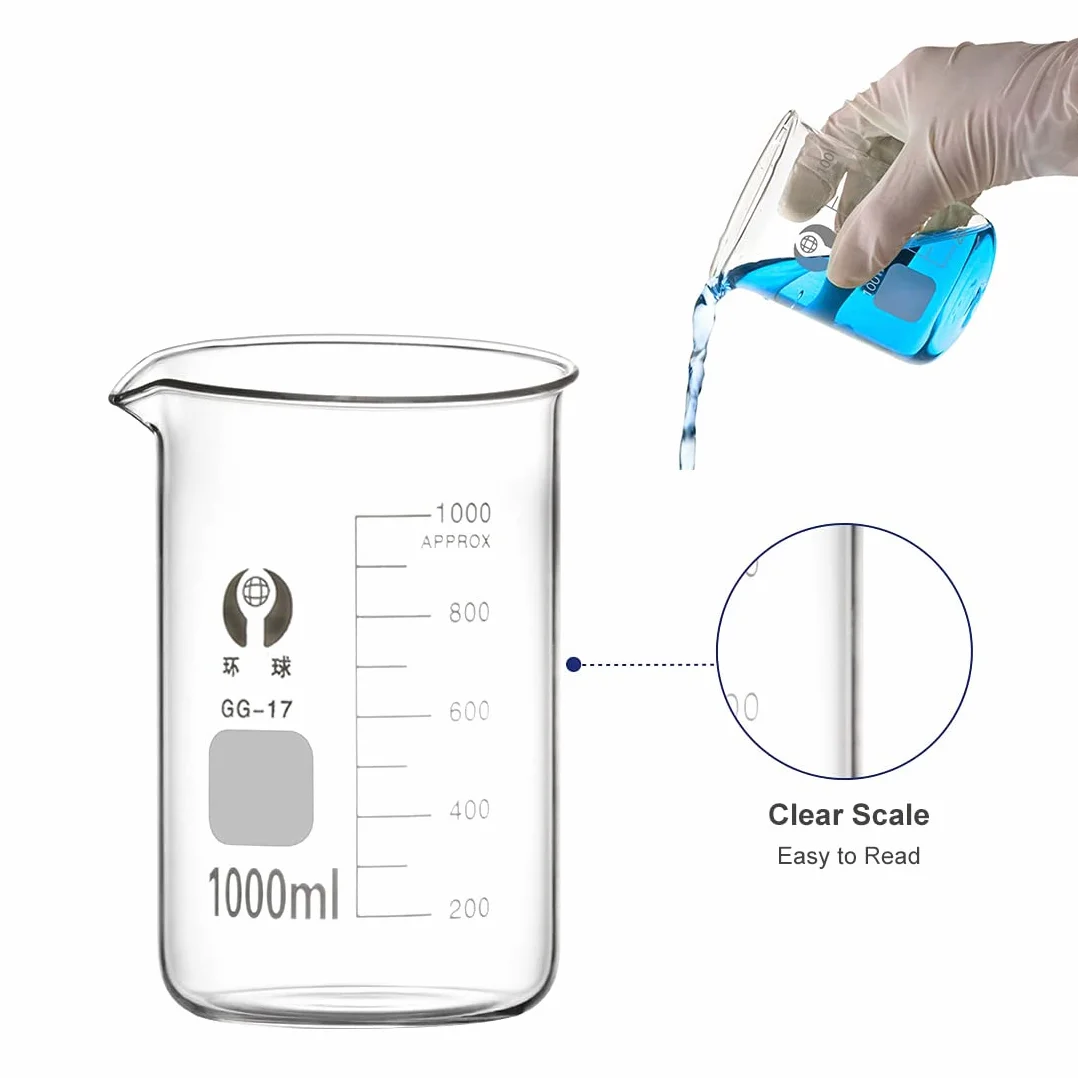 Borosilikatglas Bechergläser Set, JESSTOLO 5 Stück Dickglas Graduierten Becherglas mit Klare Ausguss 1000ml 500ml 250ml 100ml 50ml mit 2 Waschbürste, für Labor Forschung Medizin