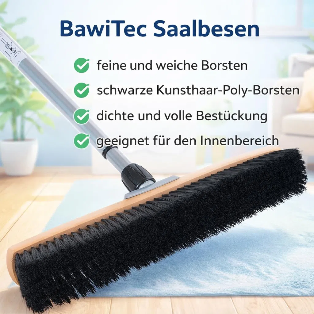 Profi Saalbesen 60cm Breit mit Teleskopstiel Stiel weiche Borsten Besen | 60cm breit, Weiche schwarze Kunsthaar-Borsten, Buchenholz, Verstellbar ausziehbar, Für Haushalt Büro Lager Werkstatt