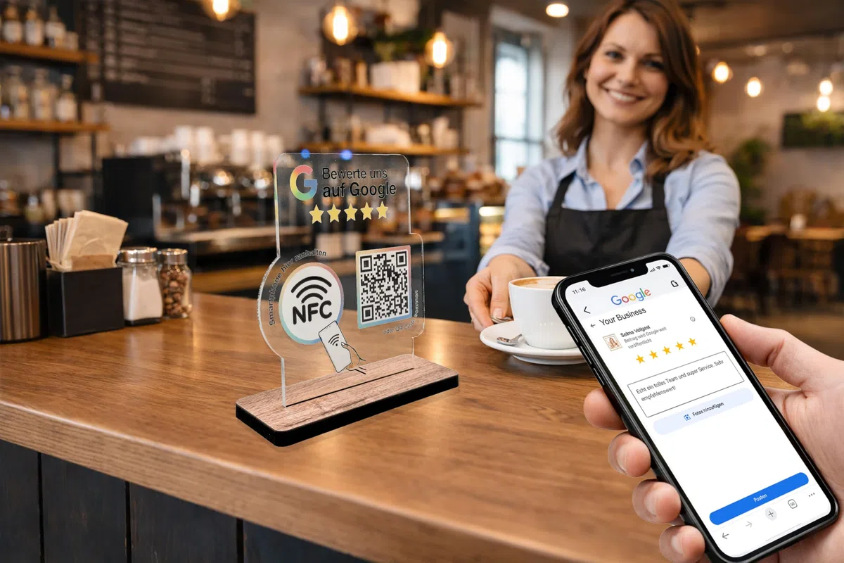 Aufsteller für google Bewertung NFC & QR-Code - Schild/Display für Bewertungen für Theke, Empfang, Praxis, Restaurant, Studio - Bewertungsaufsteller für Rezensionen/Review (transparent, V2 DIN A6)