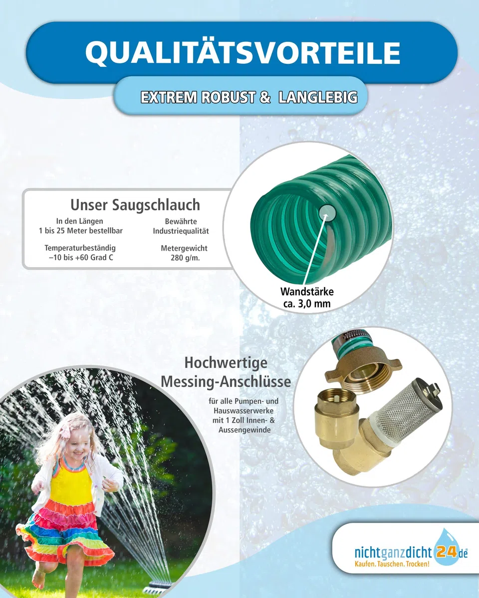 Sauggarnitur 1 Zoll 3m Saugschlauch schwimmende Entnahme NW25mm für Gartenpumpe, Hauswasserwerk & Zisterne, Längen 1m bis 25m