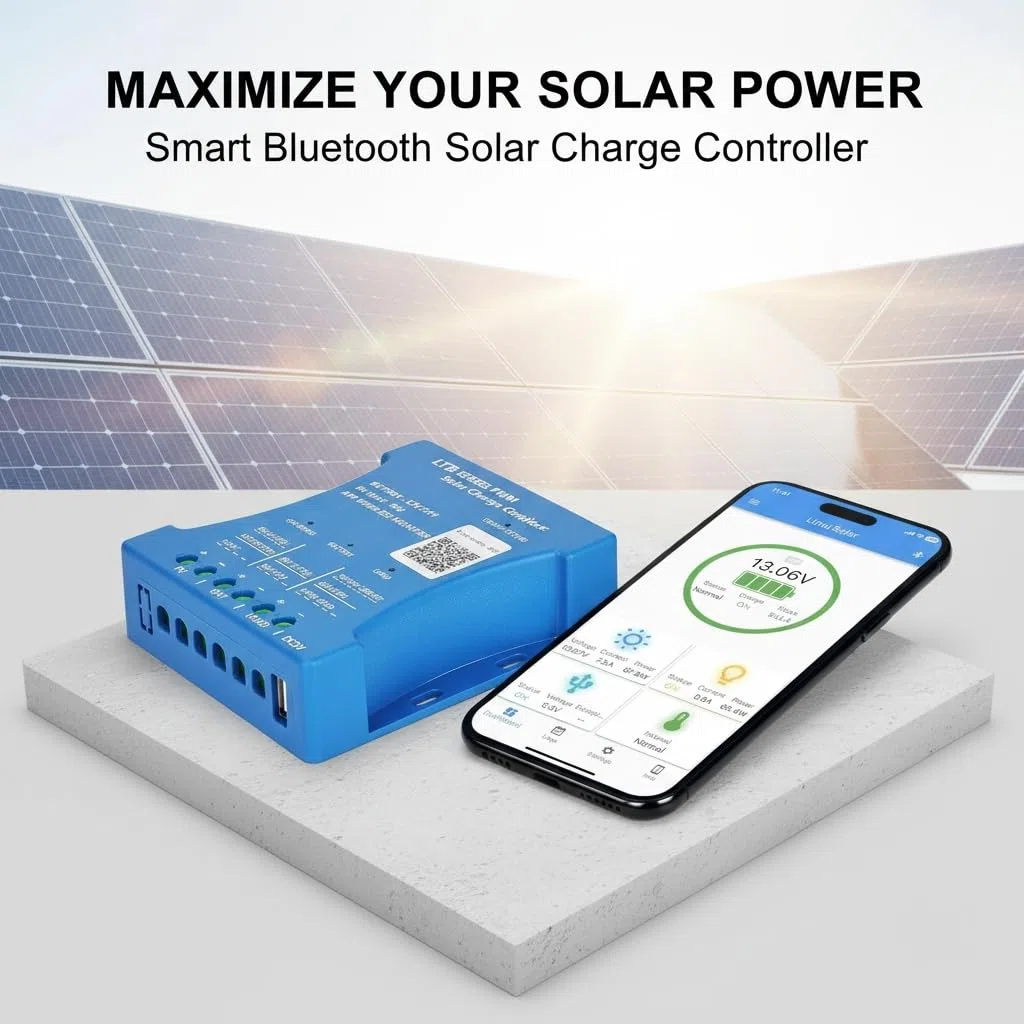 20 A Bluetooth-Solar-Ladegerät, Controller, 12 V/24 V, intelligenter Regler, Solarmodul-Batterie, Ladestatistik, PWM mit USB-Anschluss, 12 V / 24 V Blei-Säure-/Lithium-Batterie