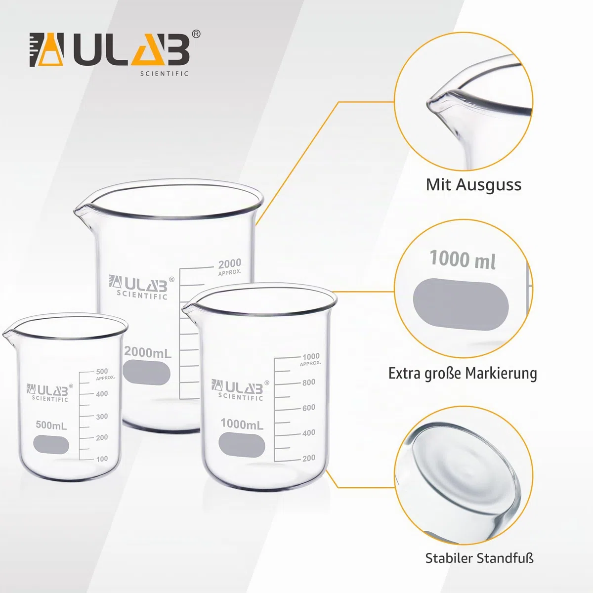 ULAB Scientific Glasbecher Set, 3 Größen von Vol. 500 ml, 1000 ml, 2000 ml, 3.3 Borosilikat Griffin, niedrige Form mit gedruckter Skala UBG1028