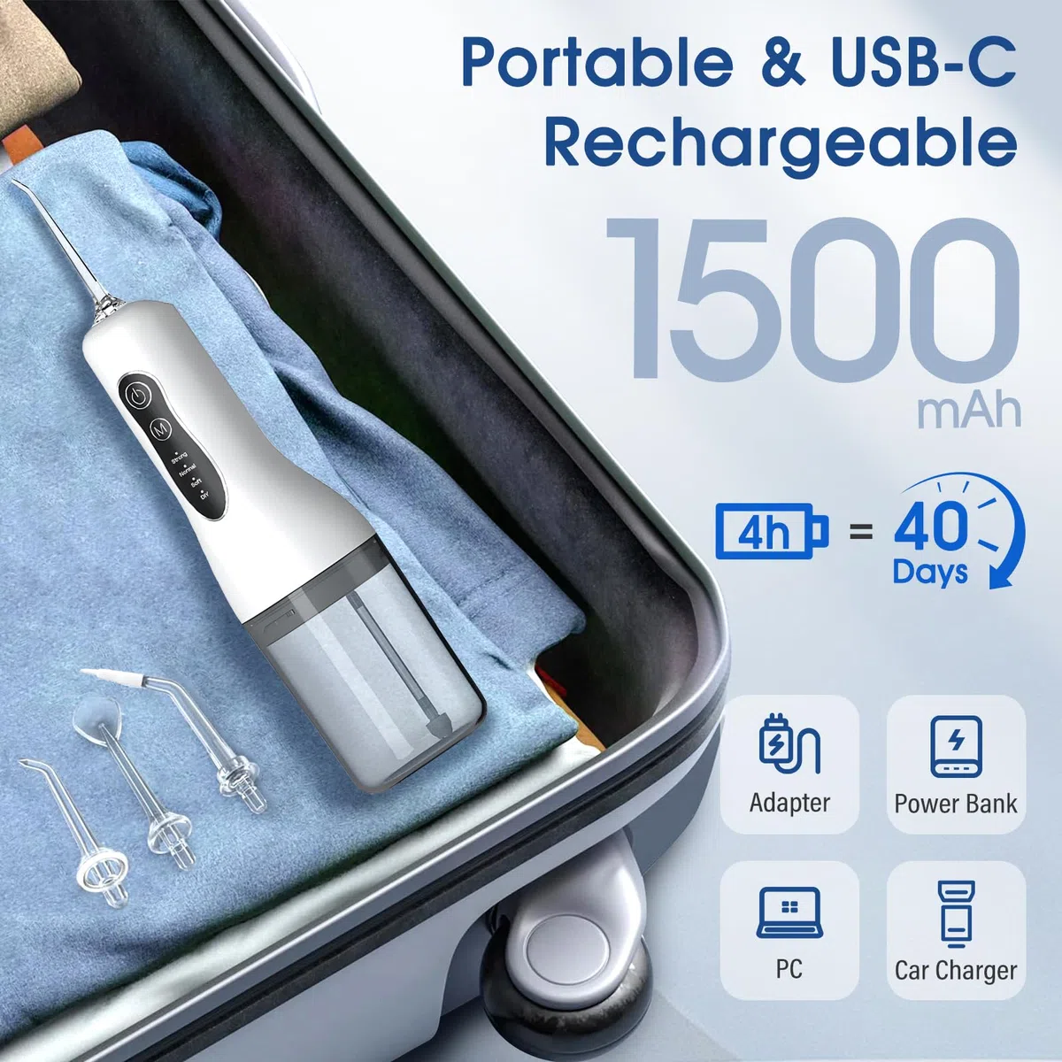 Munddusche Kabellos Elektrischer, Professional Water Flosser, 4 Modi & 4 Düsen, IPX7 Wasserdicht, 1300mAh USB-C Wiederaufladbare Wasser Flosser, 260ML Zahnzwischenraumreiniger Elektrisch