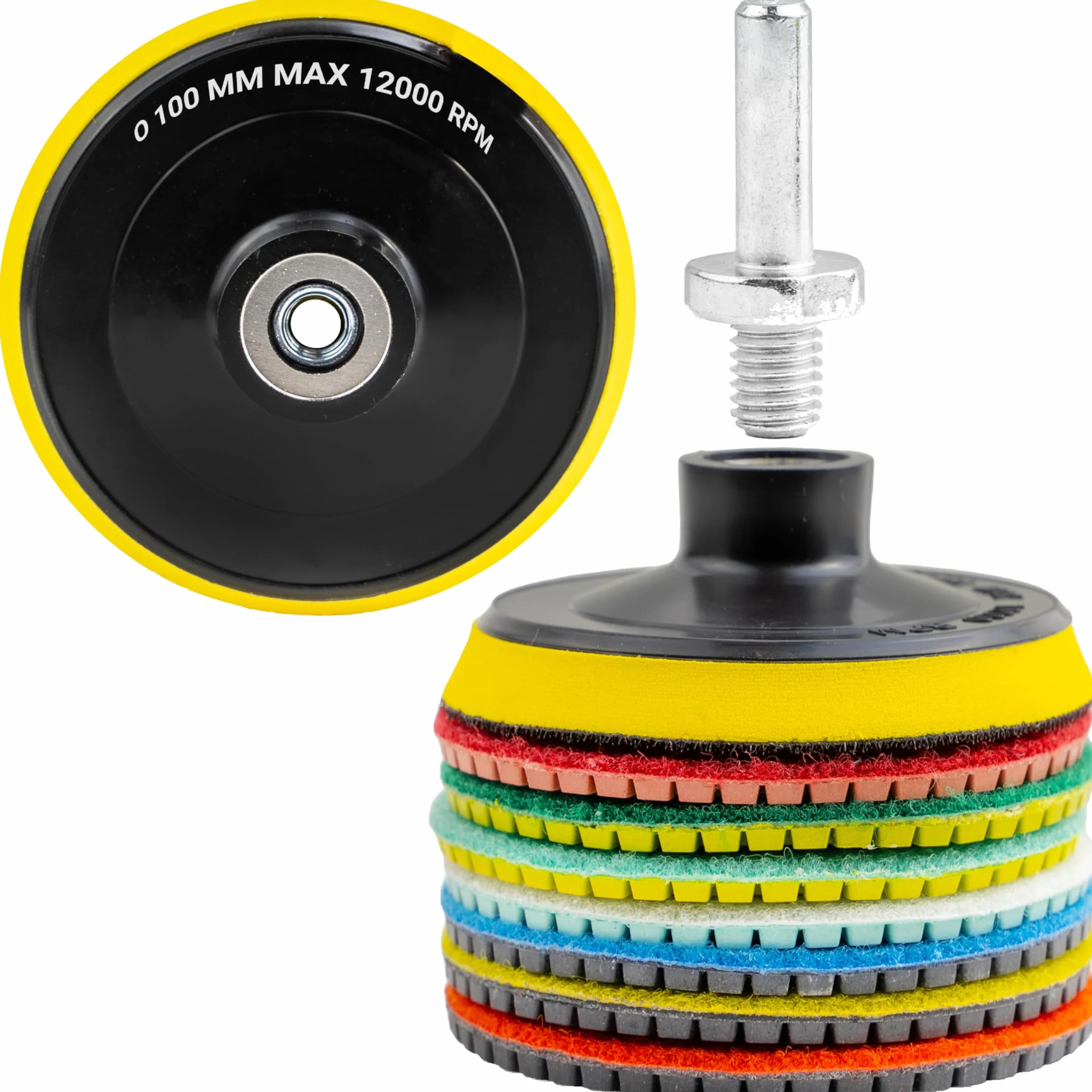 DELPHI Nass Diamant Schleifscheibe Polierset 7 Stück Diamantscheiben Set 100mm zum Schleifen Polieren von Feinsteinzeug, Keramik Körnung 50-3000 mit Wollpad M12-Adapter und Schutzhandschuhe