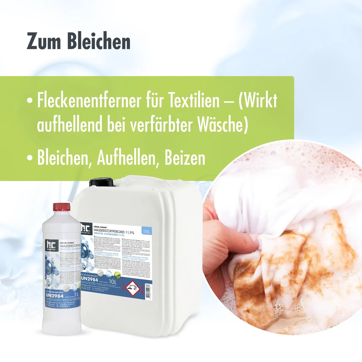 Höfer Chemie 10 L Wasserstoffperoxid 11,9% – Technische Oxidationslösung – stabilisiert mit 1% Phosphorsäure – Vielseitig einsetzbar zum Bleichen, Reinigen & Technischen Gebrauch