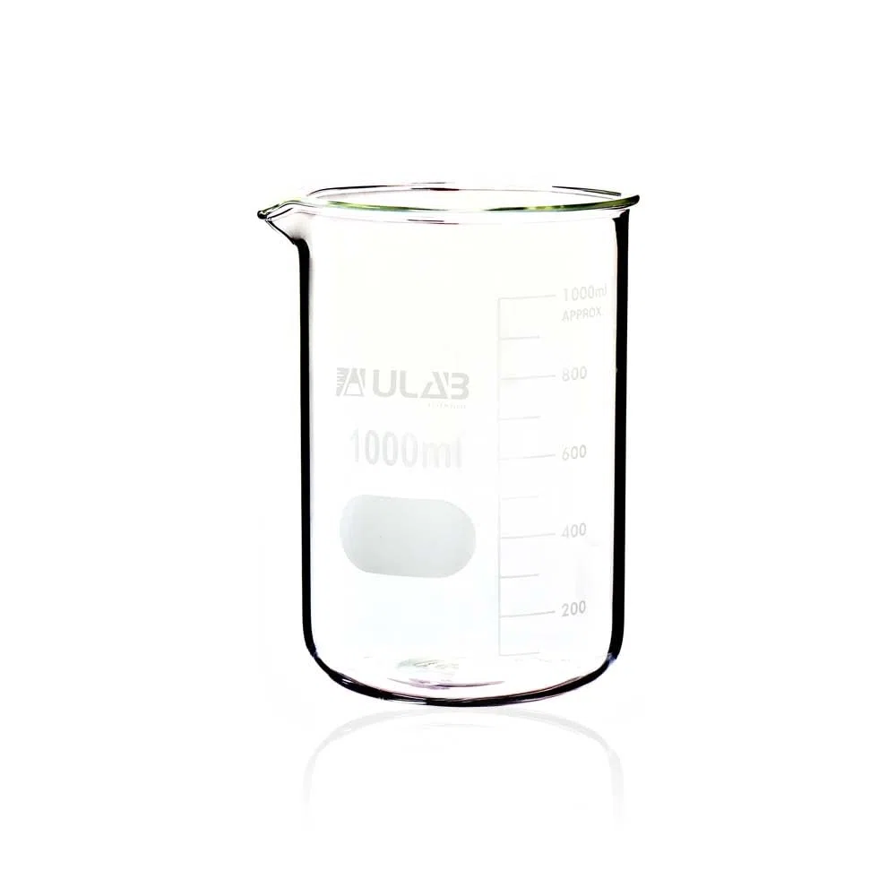ULAB Scientific Glass Beaker Set, Vol. 1000ml, 3.3 Borosilicate Griffin Low Form with Printed Graduation, Pack of 2, UBG1017