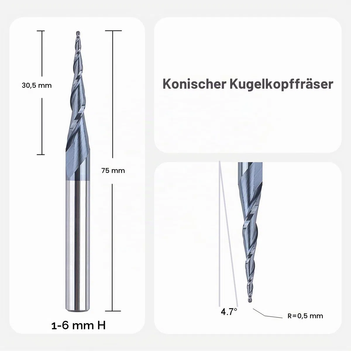 SpeTool VHM Kugelkopffräser Konische Fräser für Oberfräse CNC 2 Flöten 0,5 mm Radius Gravierfräser 6mm Schaft mit TiAlN Beschichtung Schaftfräser für 2D und 3D Gravur
