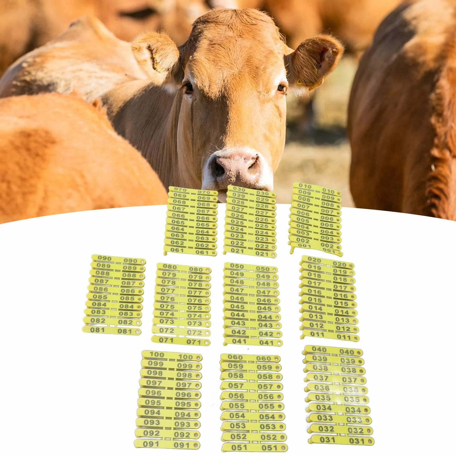 GLOGLOW 100 Stück Vieh-Ohrmarken, 001-100 Nummern-Tiermarken, Nutztiermarken, ID-Marken, Faltbare Ohrmarken für Lamm, Ziege, Schaf