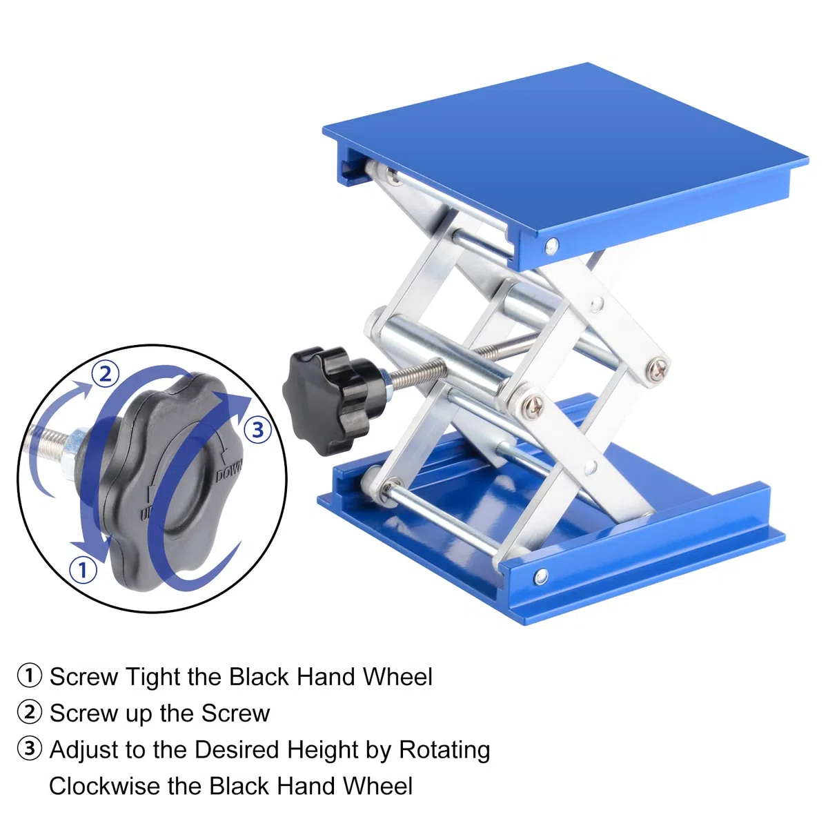 Labasics Labor Jack, 100x100 mm eloxierte Aluminium Unterstützung Jack Lift Tisch Top Deck Schere Stand Plattform mit 5 KG Stützgewicht, 45 bis 140 mm Hubbereich