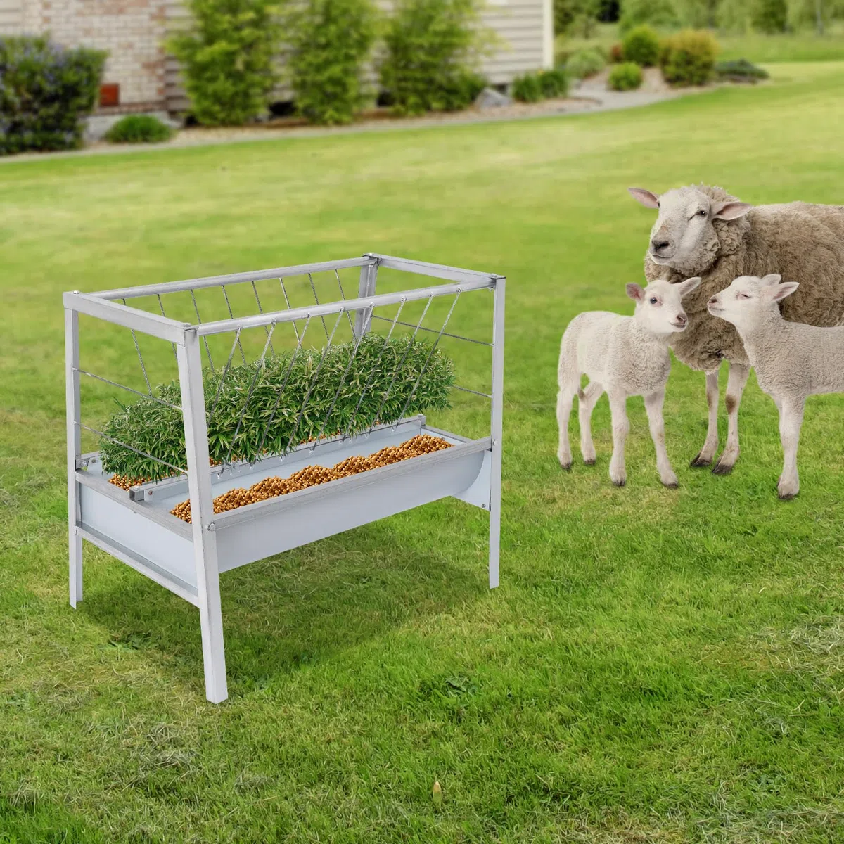 2 In 1 Heufutterautomat Viehfutterautomat Für Ziegen Schafe Pferde Mit 200 l Kapazität 100x66x85 cm Große Futterschale Aus Eisen Farbstahl Für Stall Weide Tierfütterung